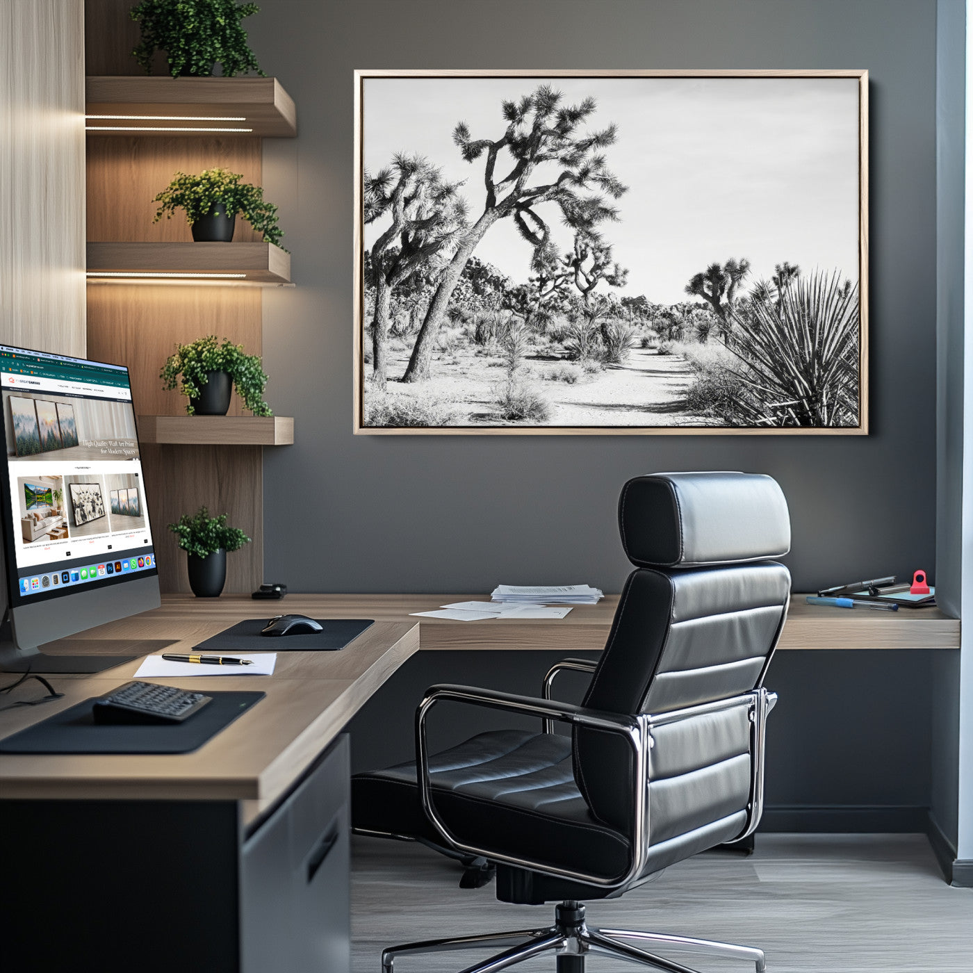 88164251-MGV-CV-36X24-Joshua Tree Wall Art Canvas Print, Framed Desert Path Art Picture Print, Monochrome Desert Perfect Minimalist Desert Decor Artwork