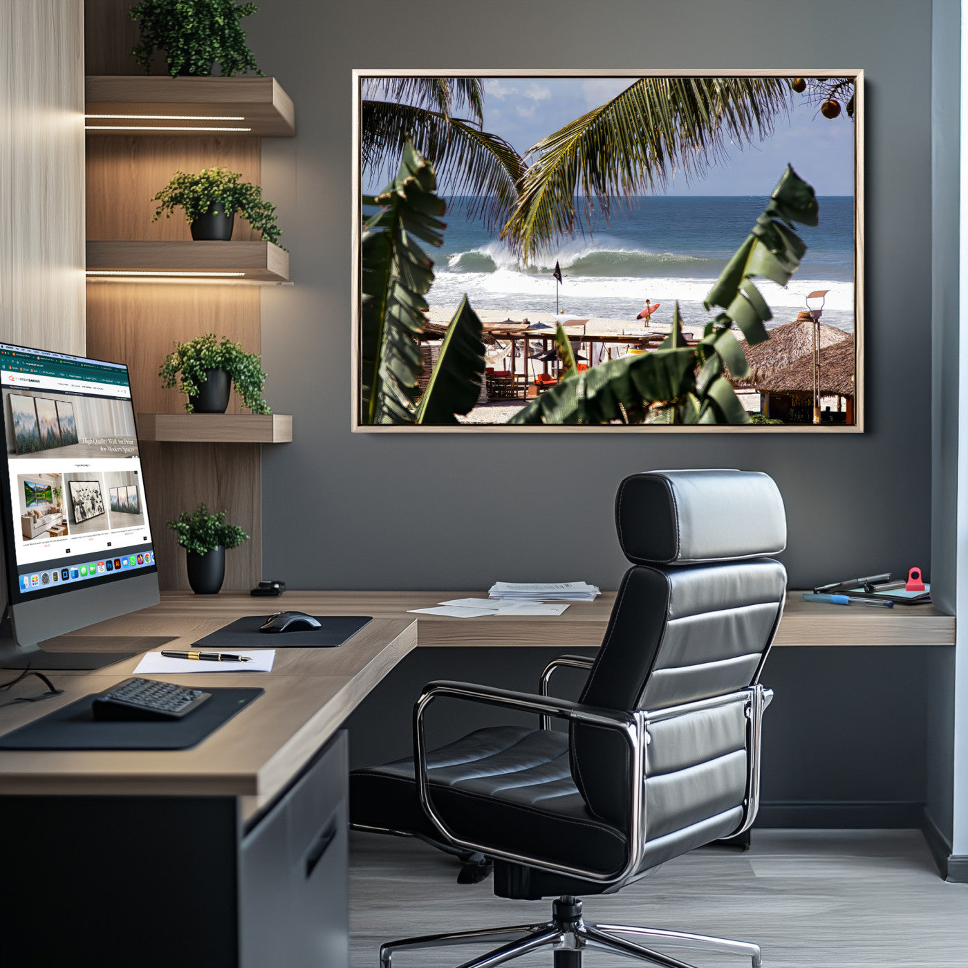 34722557-MGV-CV-36X24-Tropical Shoreline Wall Art Canvas Print, Framed Surfer Beach Art Picture Print, Coastal Surf Perfect Tropical Coastal Decor