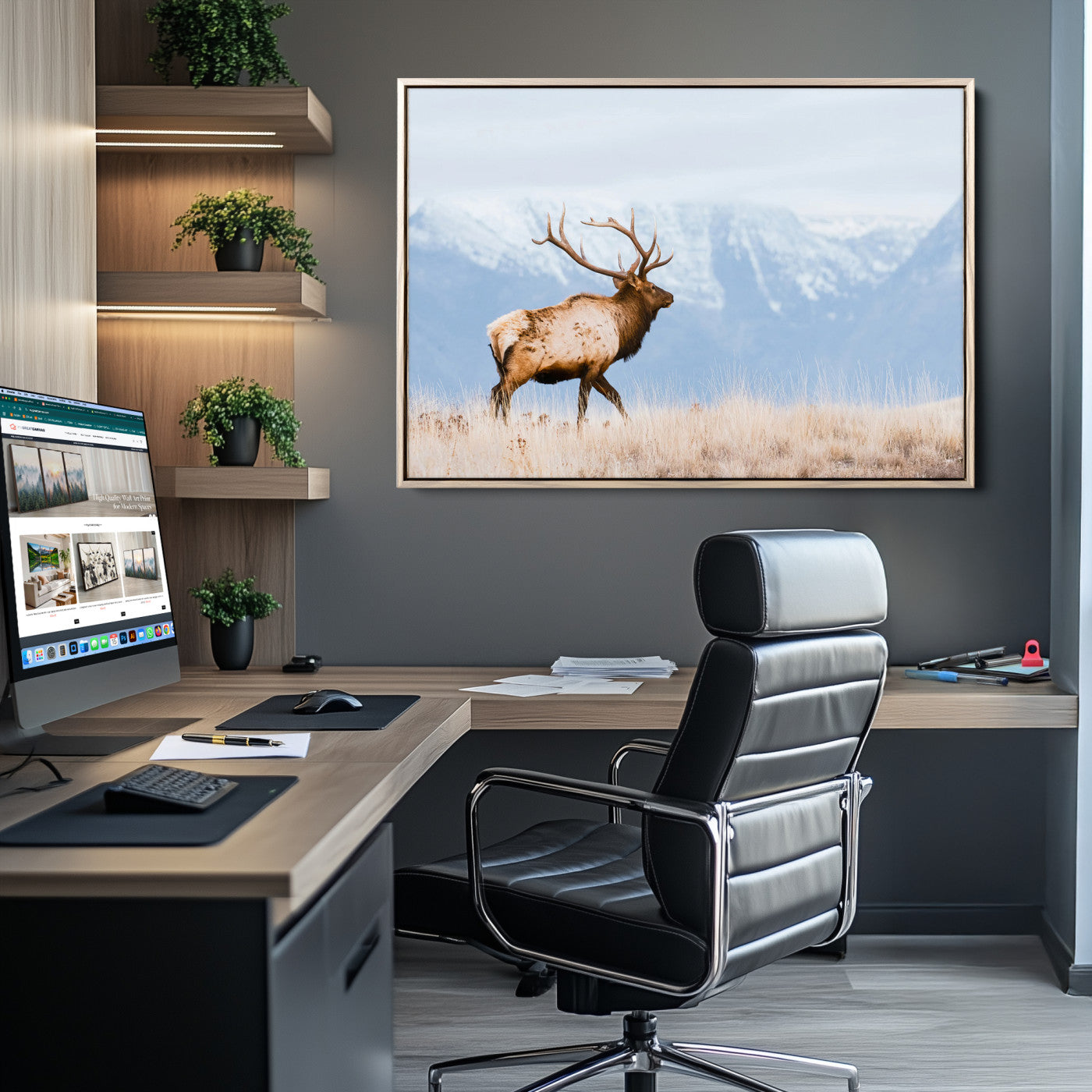 96024025-MGV-CV-36X24-Elk Photography Wall Art Canvas Print, Framed Mountain Wildlife Art Picture Print, Rustic Lodge Decor Perfect Rustic Lodge Decor