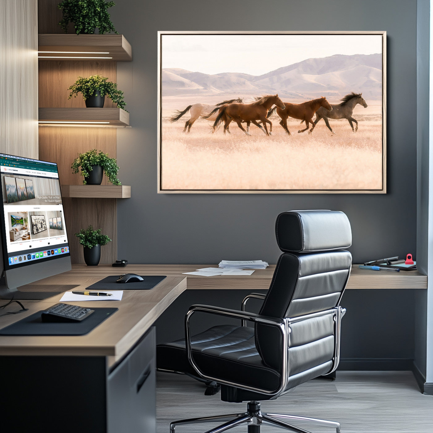 83644685-MGV-CV-36X24-Wild Horse Art Wall Art Canvas Print, Framed Rustic Western Art Picture Print, Desert Horse Scene Perfect Rustic Western Decor