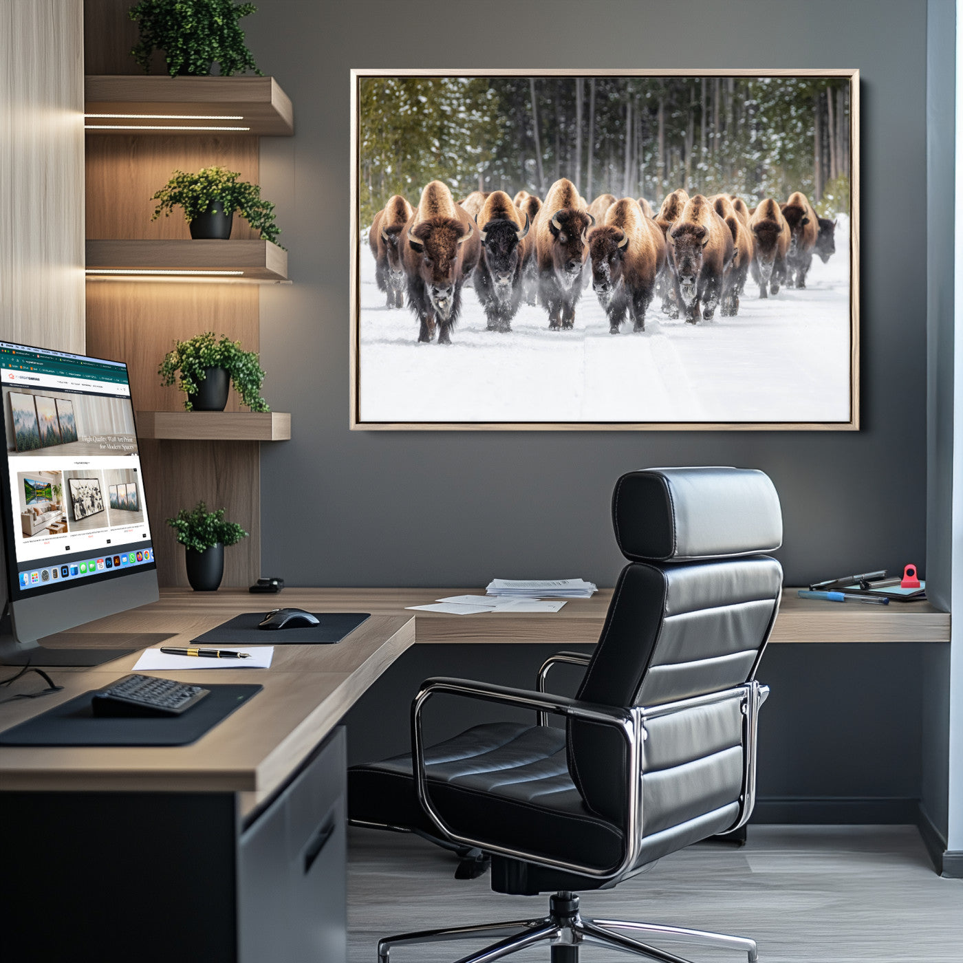22695857-MGV-CV-36X24-Bison Herd Scene Wall Art Canvas Print, Framed Western Wildlife Art Picture Print, Rustic Animal Art Perfect Rustic Lodge Decor