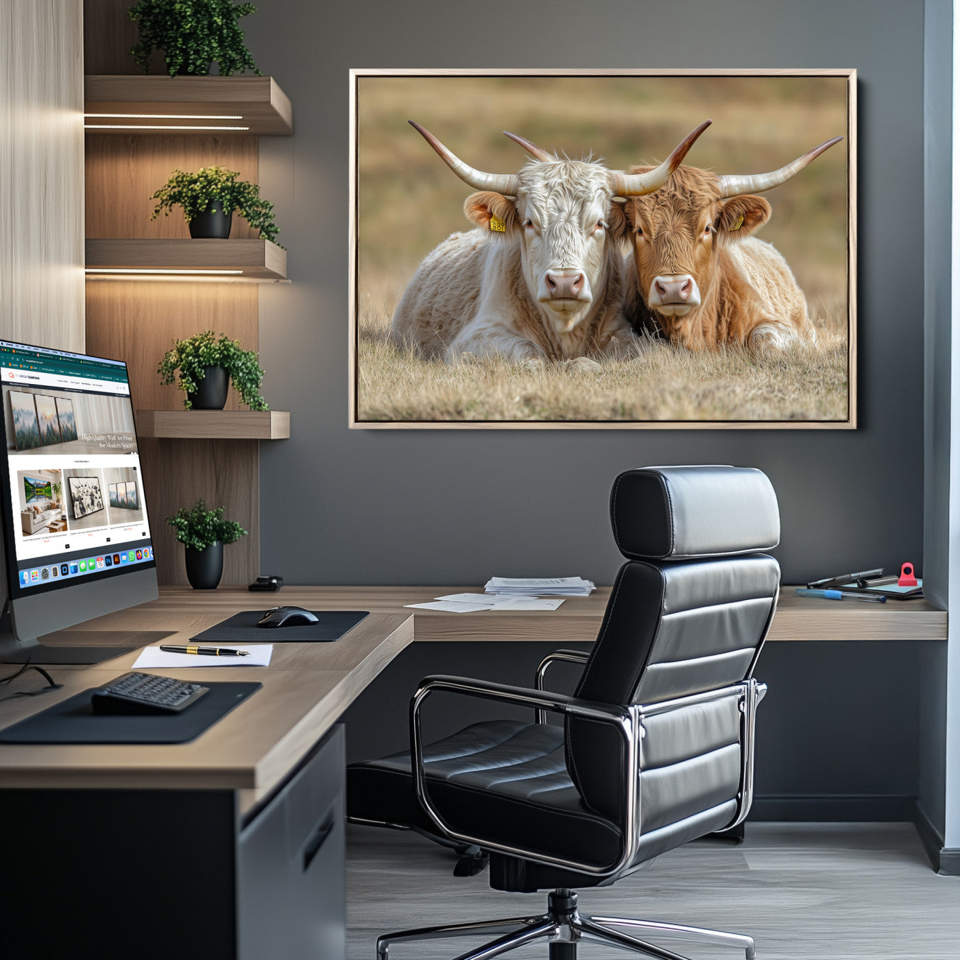 53388593-MGV-CV-36X24-Cow Photography Wall Art Canvas Print, Framed Rustic Animal Decor Art Picture Print, Texas Cow Pair Perfect Western Farmhouse