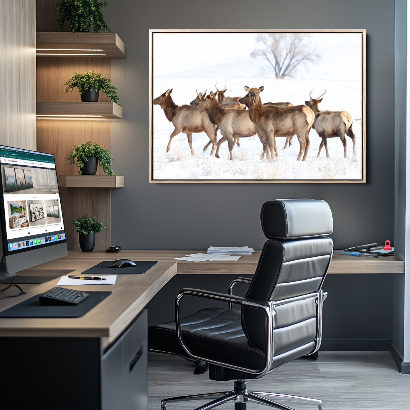68738684-MGV-CV-36X24-Winter Elk Scene Wall Art Canvas Print, Framed Wildlife Photography Art Picture Print, Snowy Deer Decor Perfect Rustic Lodge Decor