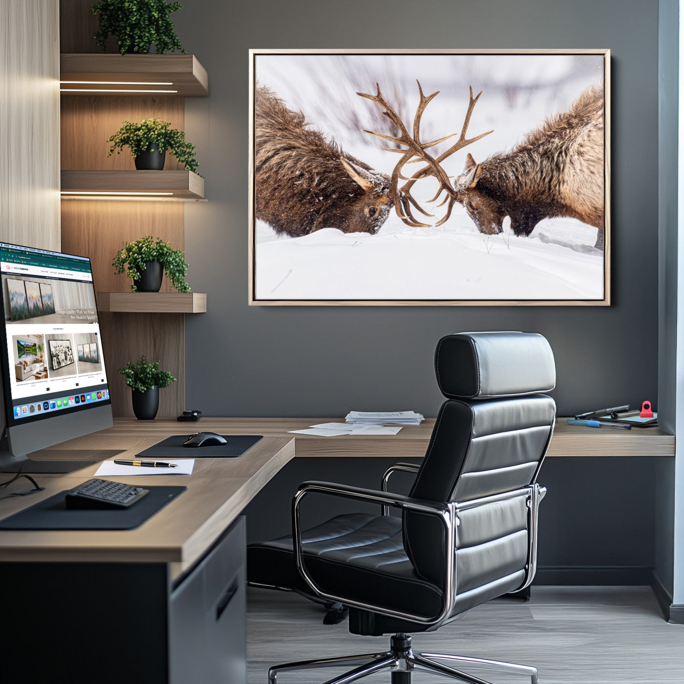 36507609-MGV-CV-36X24-Elk Clash Scene Wall Art Canvas Print, Framed Wildlife Strength Decor Art Picture Print, Snowy Forest Elk Perfect Rustic Lodge