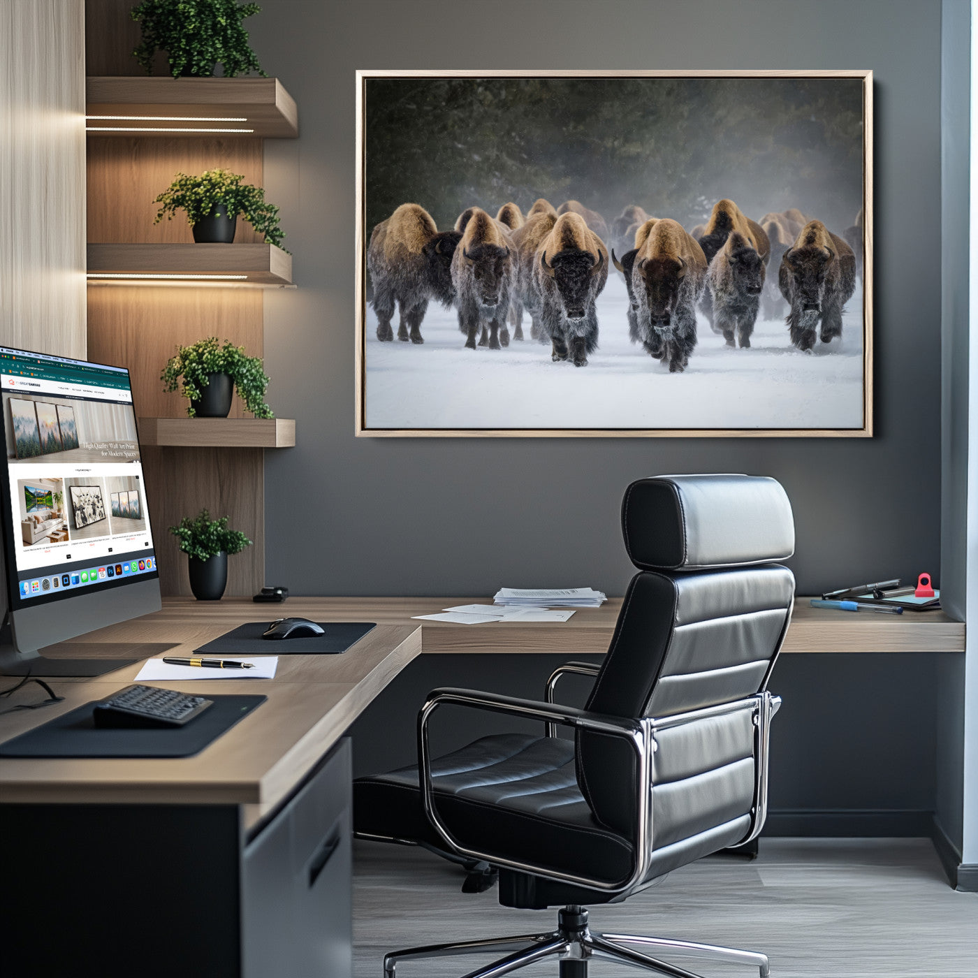 41669135-MGV-CV-36X24-Bison Herd Scene Wall Art Canvas Print, Framed Rustic Wildlife Decor Art Picture Print, Snowy Bison Landscape Perfect Rustic