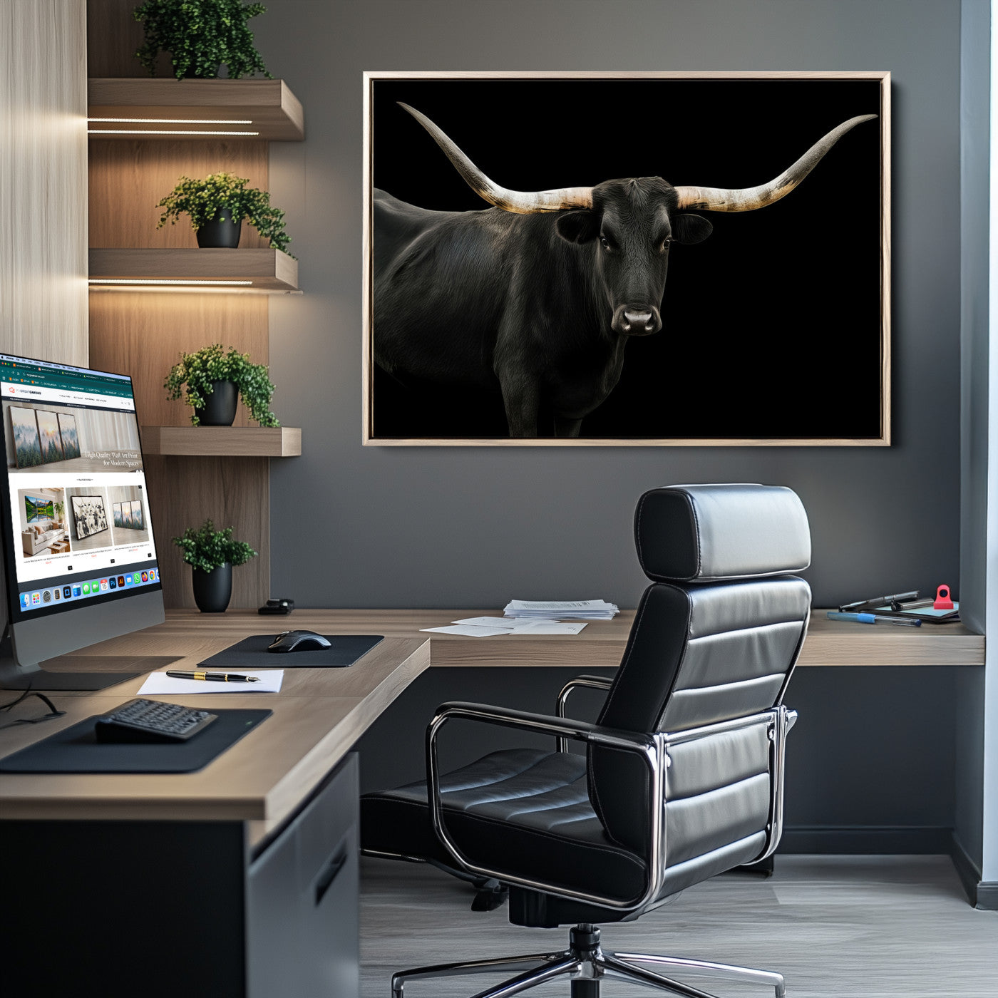 23572907-MGV-CV-36X24-Texas Longhorn Wall Art Canvas Print, Framed Rustic Western Decor Art Picture Print, Farmhouse Animal Perfect Modern Western