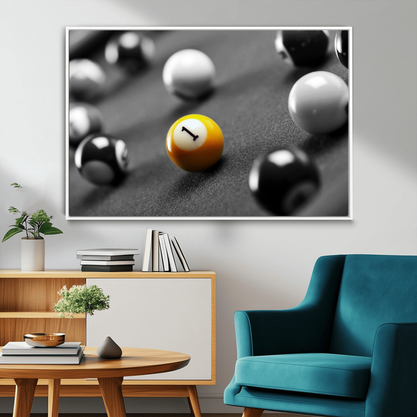 52108-MGV-CV-36X24-Precision Pool Table Wall Art – Close Up Yellow 1 Ball Canvas Print, Hand-Played Billiards Game Decor for Office, Game Room, or