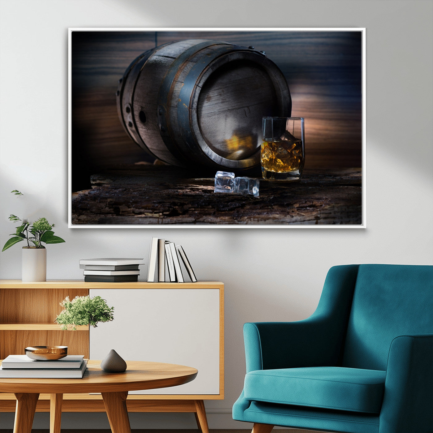78049-MGV-FC-36X24_White-Whiskey Barrel Wall Art – Rustic Whiskey Barrel and Glass with Ice Canvas Print, Classic Bar or Lounge Decor for Home, Office, or