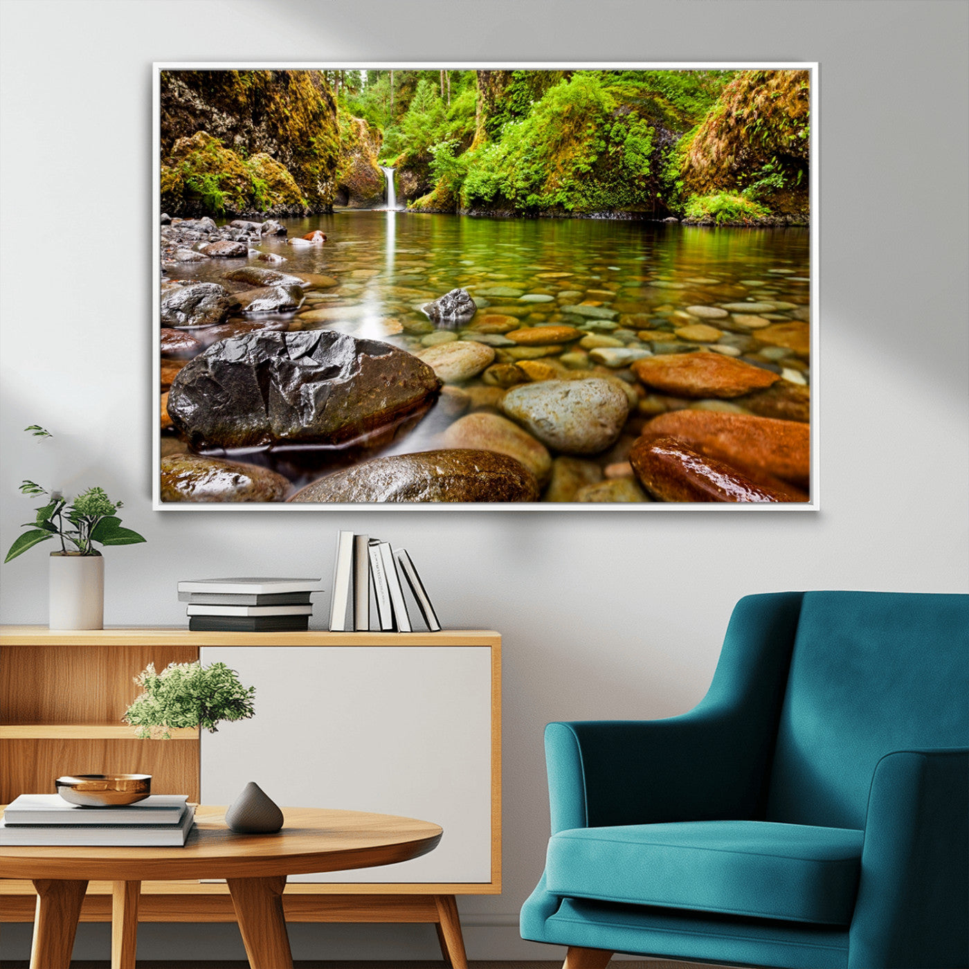 98096-MGV-FC-36X24_White-Serene River Waterfall Nature Photo – Calm Clear Water, Vibrant Green Forest and Smooth Stones Landscape Wall Art for Home or