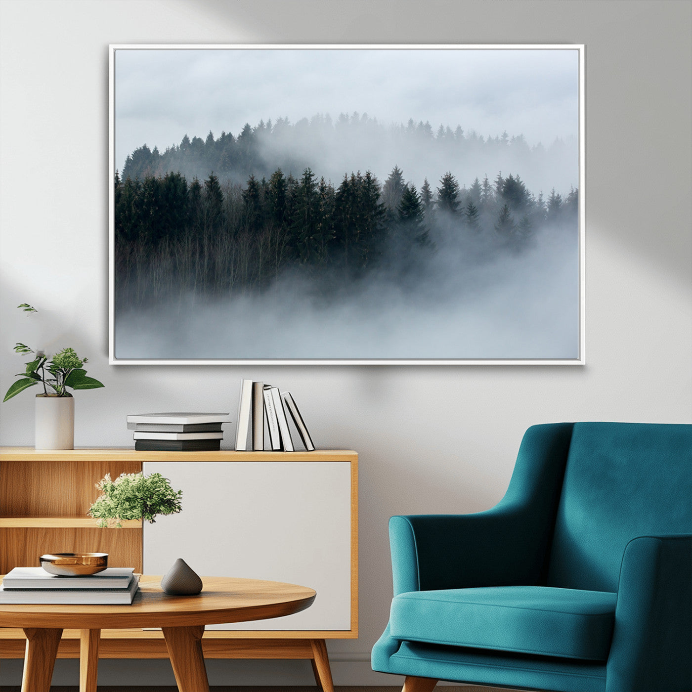 42596-MGV-FC-36X24_White-Misty Forest Wall Art – Atmospheric Pine Trees Canvas Print, Nature Landscape Decor for Living Room, Bedroom, Office, or Cabin