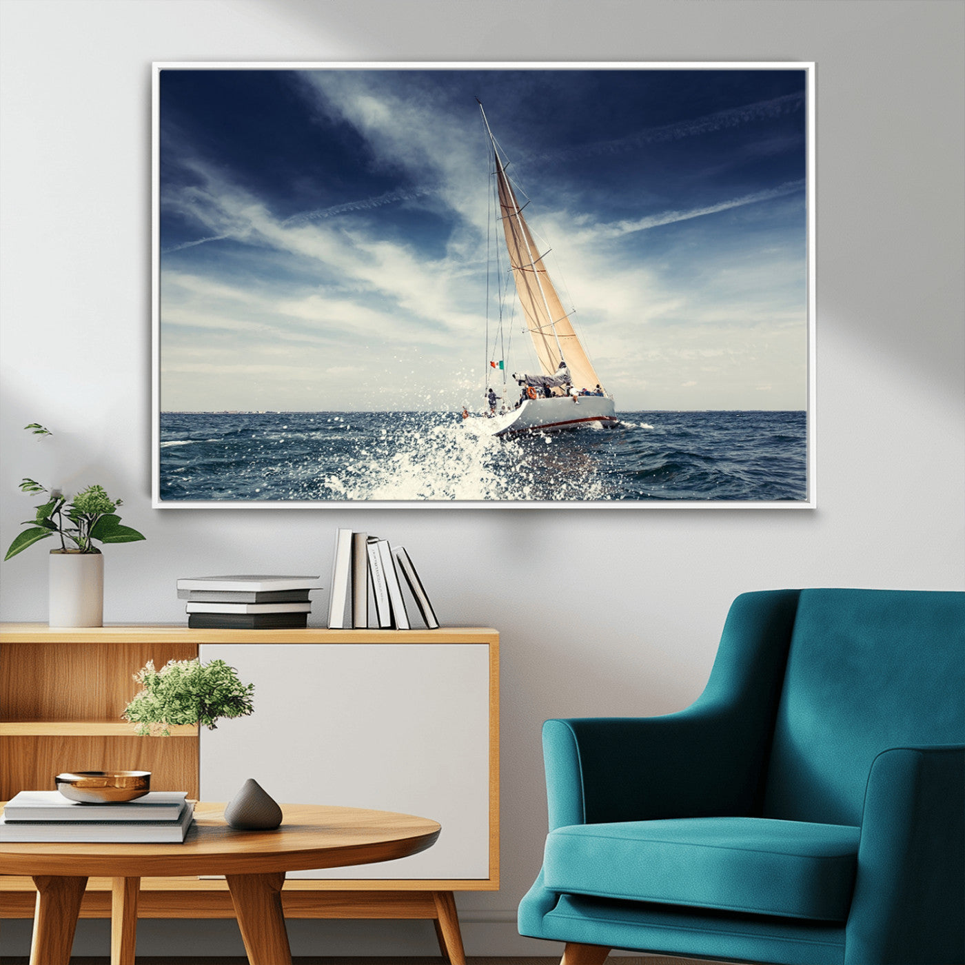 75430-MGV-FC-36X24_White-Sailing Boat Wall Art – Dynamic Ocean Yacht Canvas Print, Nautical Decor for Living Room, Office, Beach House or Cabin