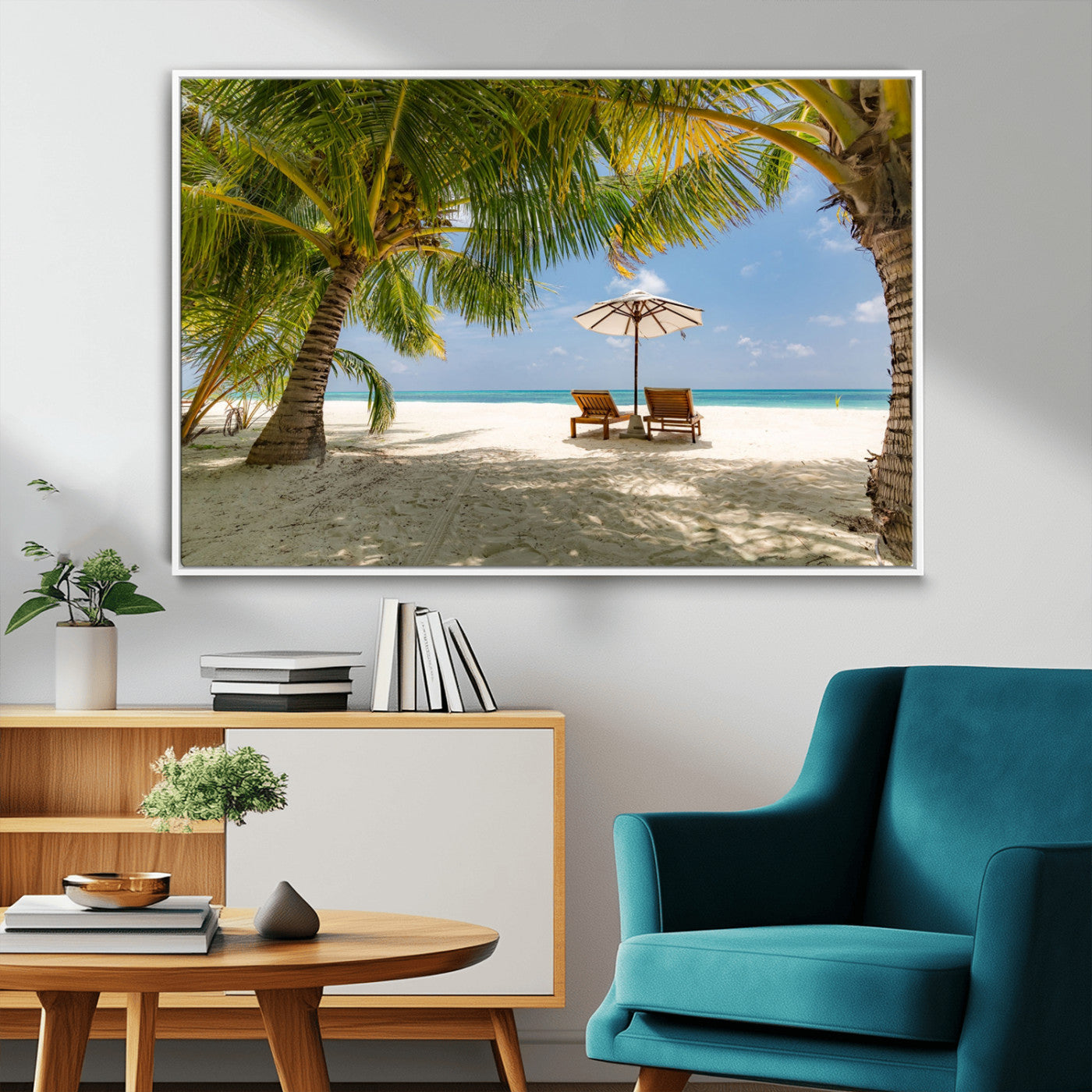 83601-MGV-FC-36X24_White-Tropical Beach Wall Art – Serene Palm Trees and Lounge Chairs Canvas Print, Relaxing Coastal Decor for Living Room, Bedroom or