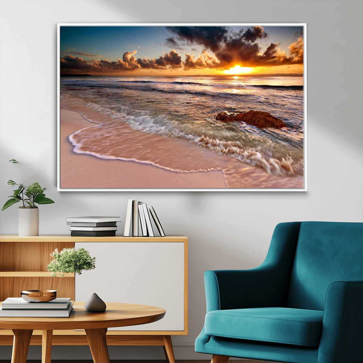38302-MGV-CV-36X24-Sunset Beach Wall Art – Stunning Ocean Waves and Rock Canvas Print, Warm Coastal Decor for Living Room, Bedroom, Office or Beach