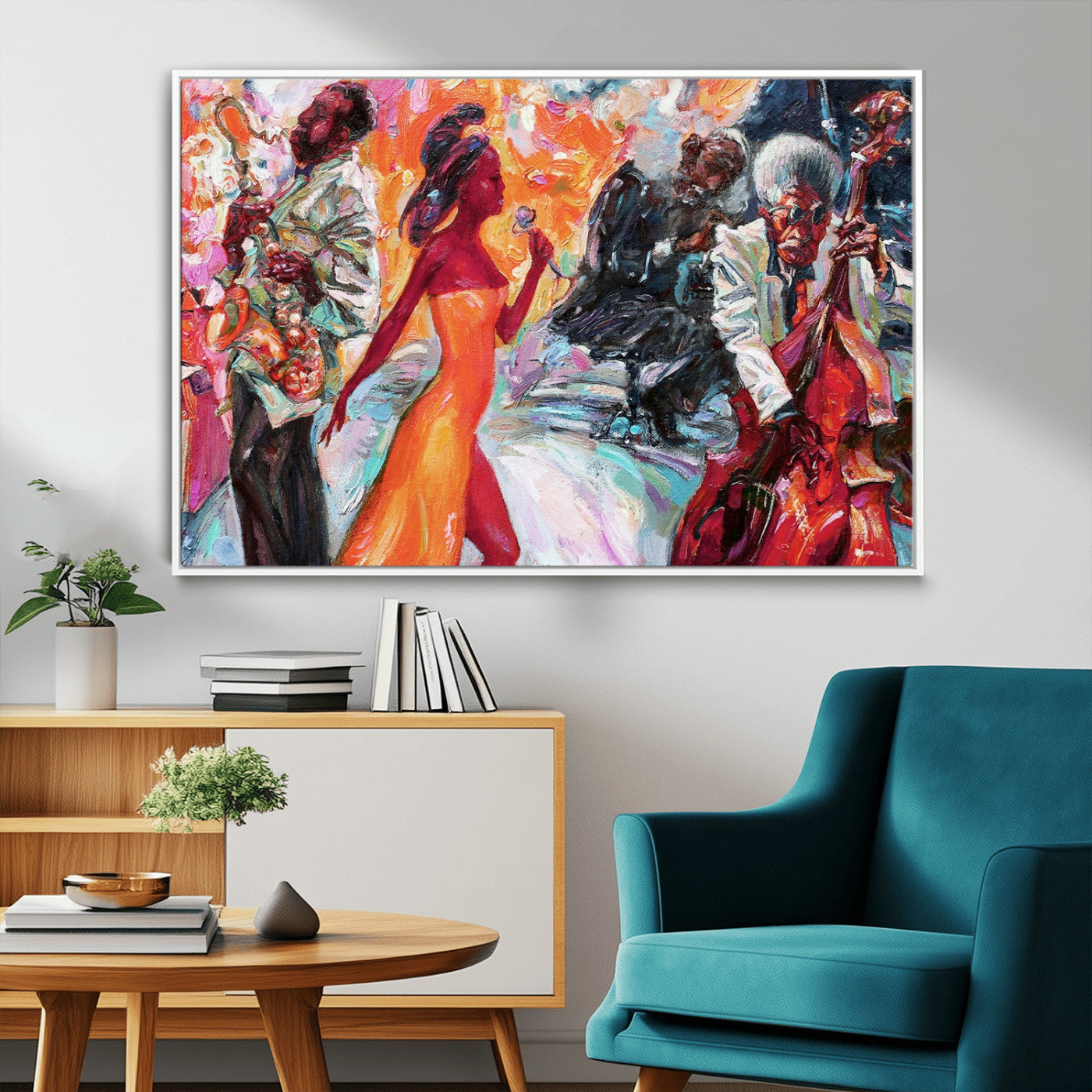 24452-MGV-FC-36X24_White-Vibrant Jazz Musician Painting - Expressive Art Print of Live Jazz Band, Perfect Wall Decor for Music Lovers and Art Enthusiasts