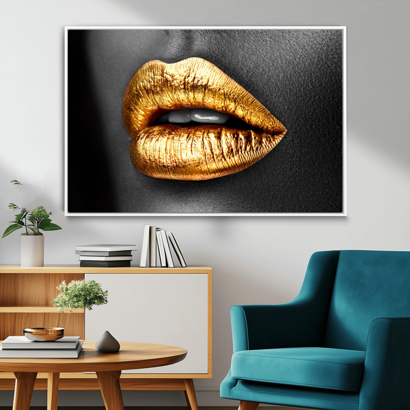 84747-MGV-FC-36X24_White-Golden Lips Black & White Portrait – Glamorous Metallic Lip Art Print, Modern Wall Decor for Bedroom, Beauty & Fashion Lover Gift