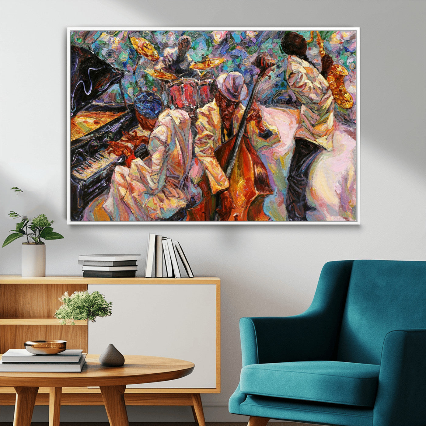 34929-MGV-FC-36X24_White-Vibrant Jazz Band Painting – Colorful Musical Art Print, Energetic Wall Decor for Music Lovers, Modern Home or Studio Decoration