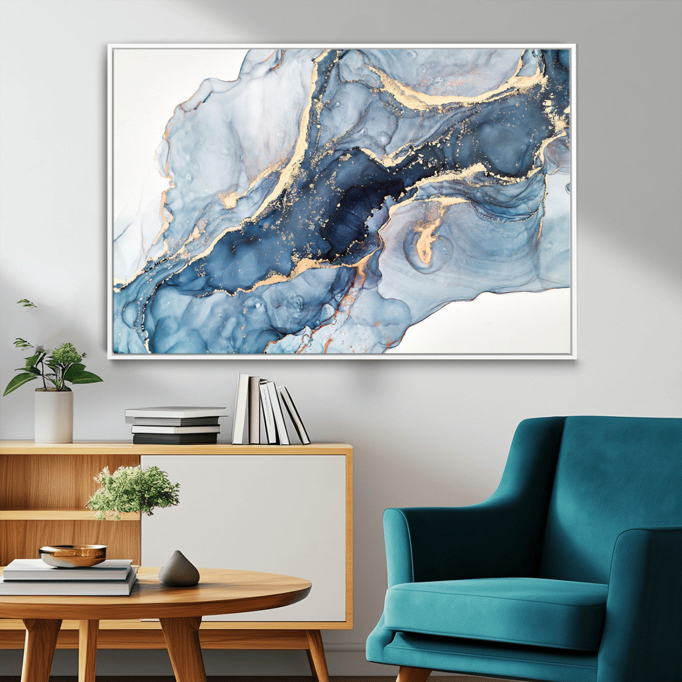 33782-MGV-FC-36X24_White-Abstract Marble Wall Art – Blue & Gold Fluid Painting Canvas Print, Modern Home Decor for Living Room, Bedroom or Office