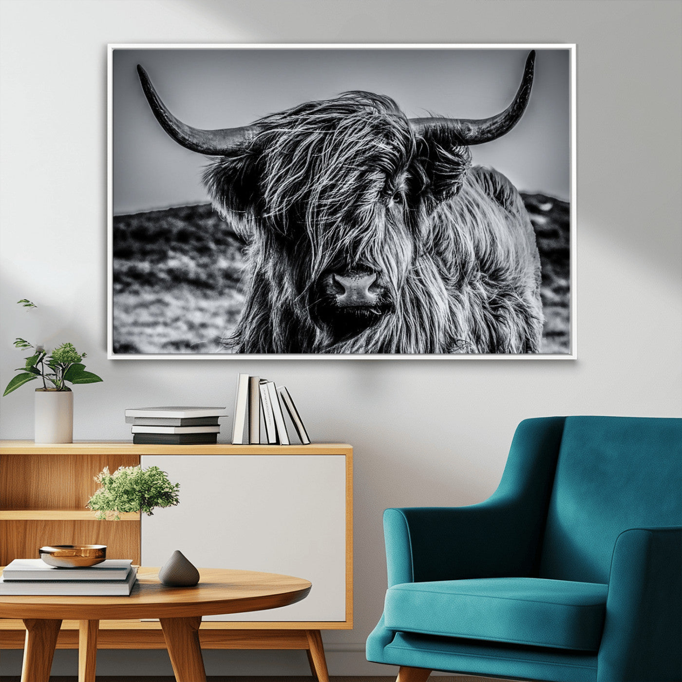 97372-MGV-CV-36X24-Elegant Highland Cow Wall Art – Black and White Canvas Print, Rustic Nature Decor for Home, Office, Living Room or Man Cave