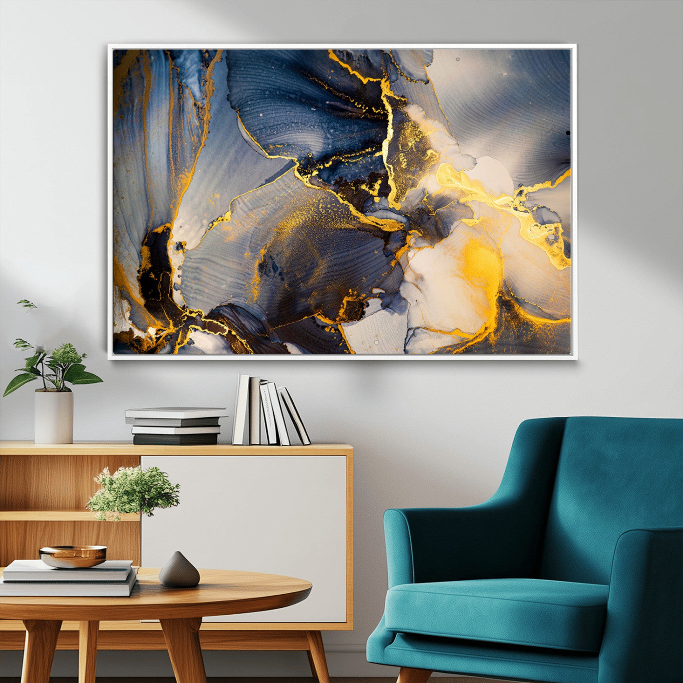 42100-MGV-FC-36X24_White-Golden Flow Abstract Wall Art – Panoramic Modern Blue and Gold Canvas Print, Contemporary Artistic Decor for Home, Office