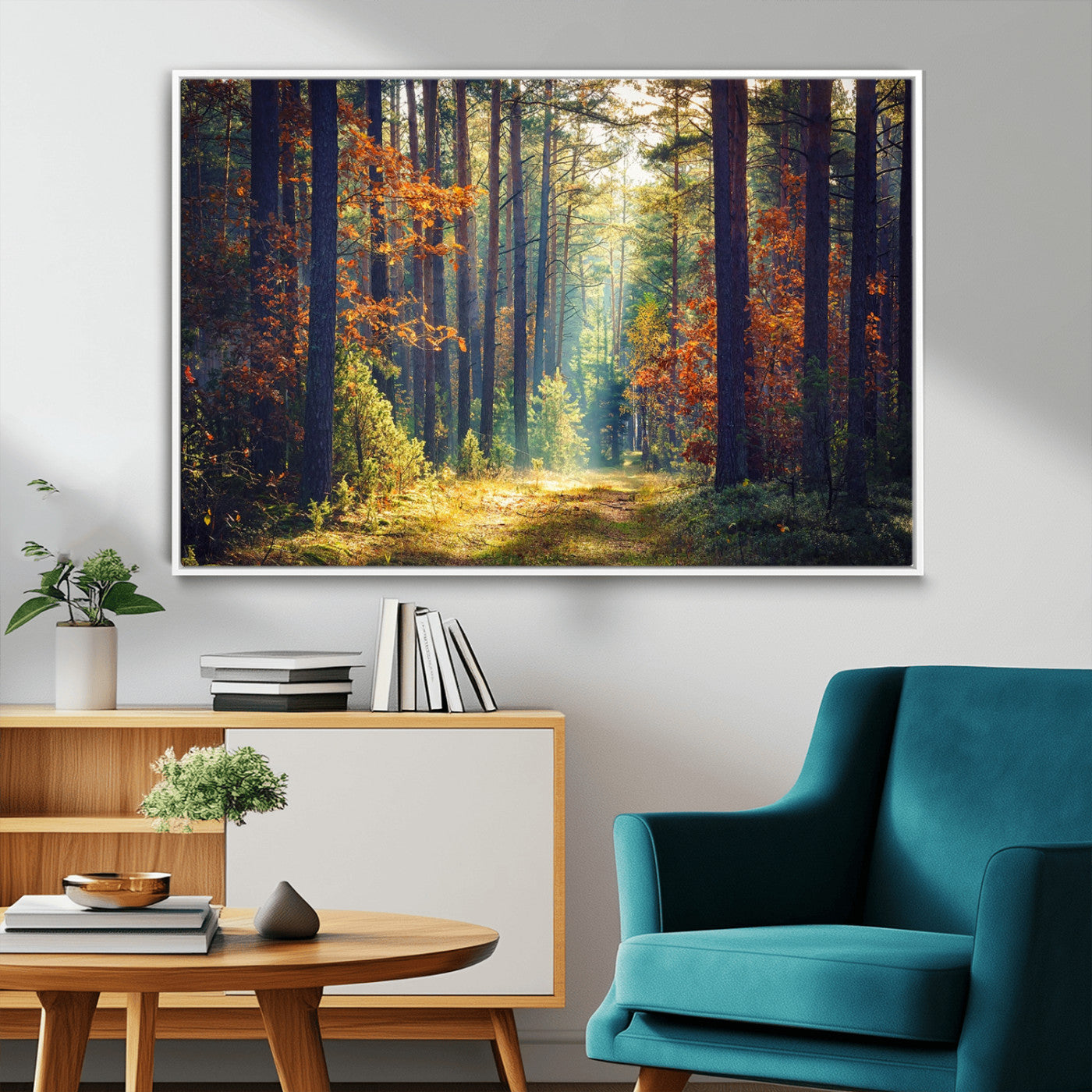 86249-MGV-FC-36X24_White-Sunlit Autumn Forest Path Wall Art – Peaceful Nature Scene with Fall Foliage, Calming Woods Decor for Home or Office