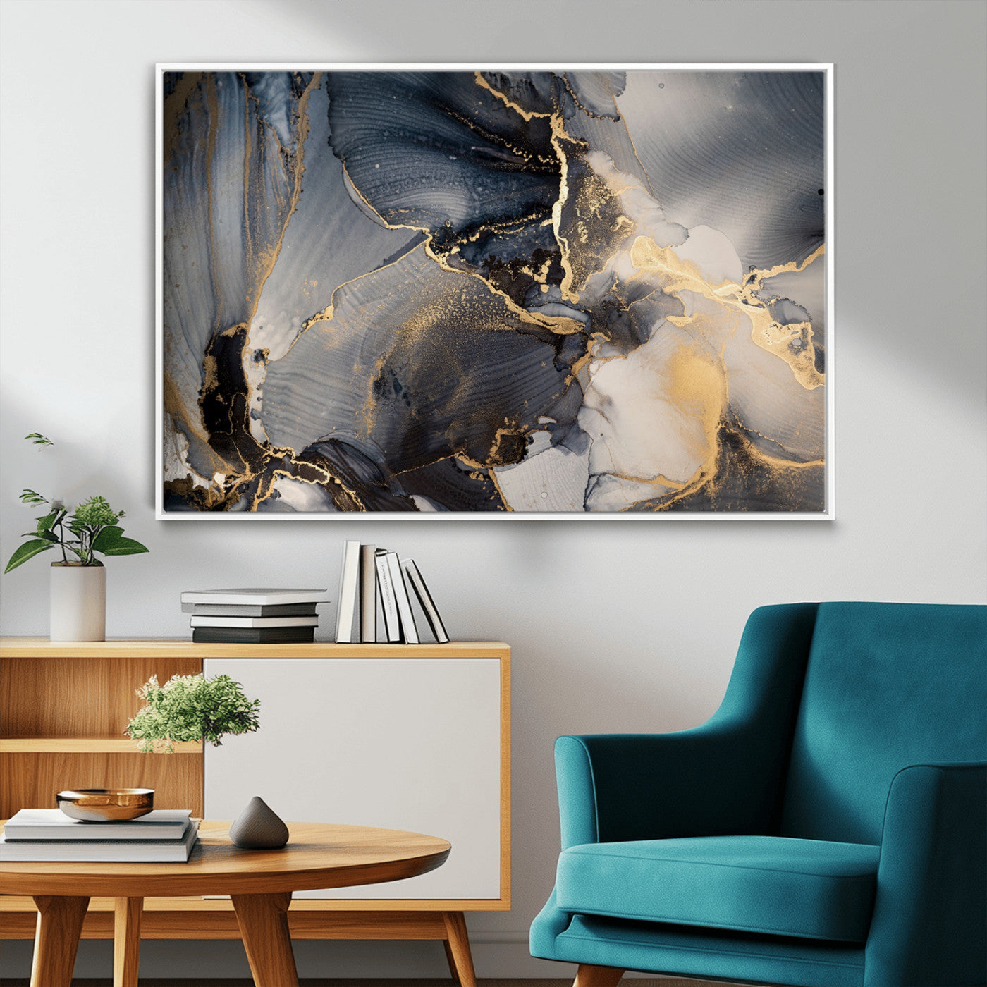 24068-MGV-FC-36X24_White-Luxury Abstract Wall Art – Gold & Gray Fluid Ink Painting Canvas, Modern Metallic Home Decor, Elegant Office or Living Room Accent