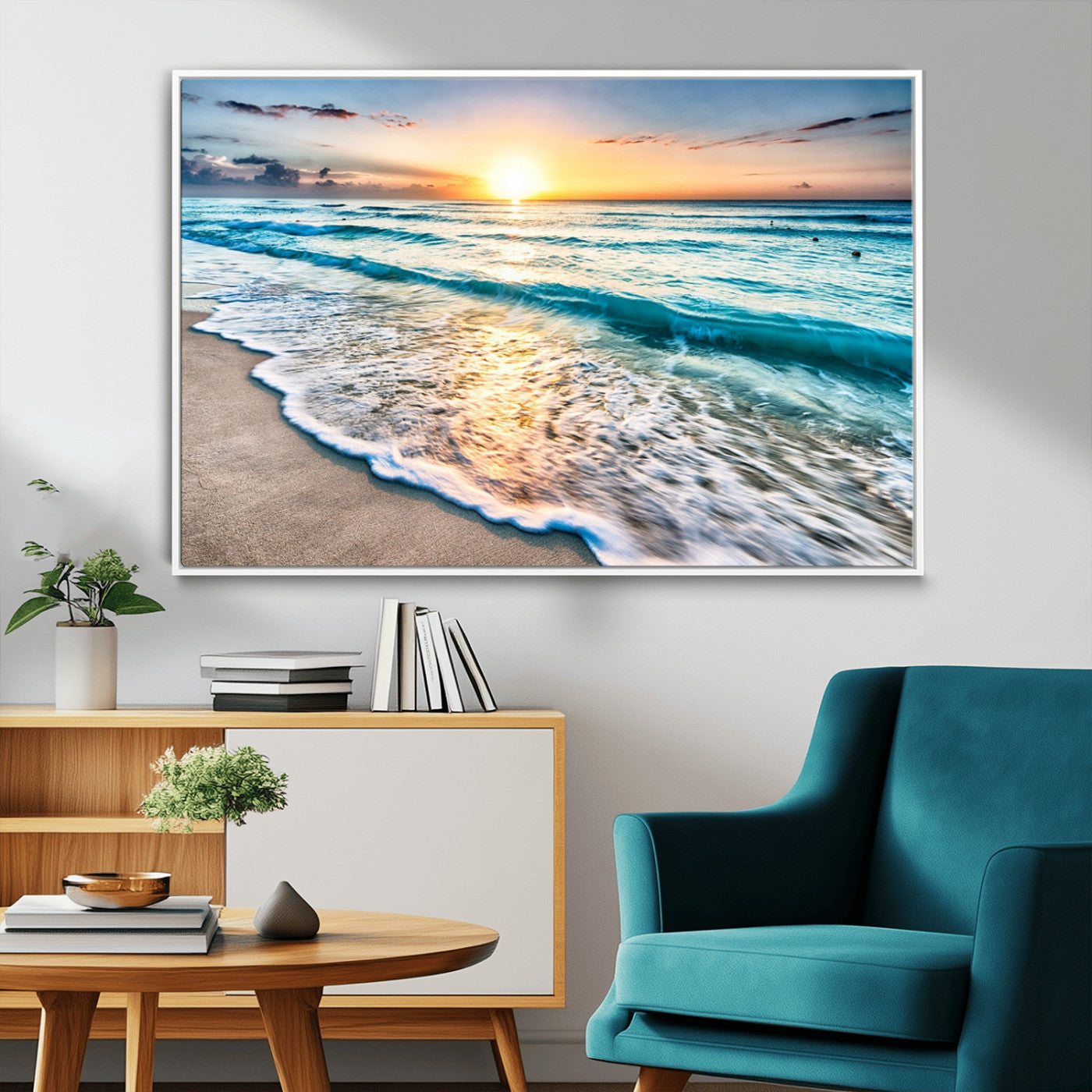 27815-MGV-CV-36X24-Ocean Sunrise Beach Wall Art – Serene Coastal Canvas Print with Waves and Golden Morning Light, Relaxing Seascape Decor for