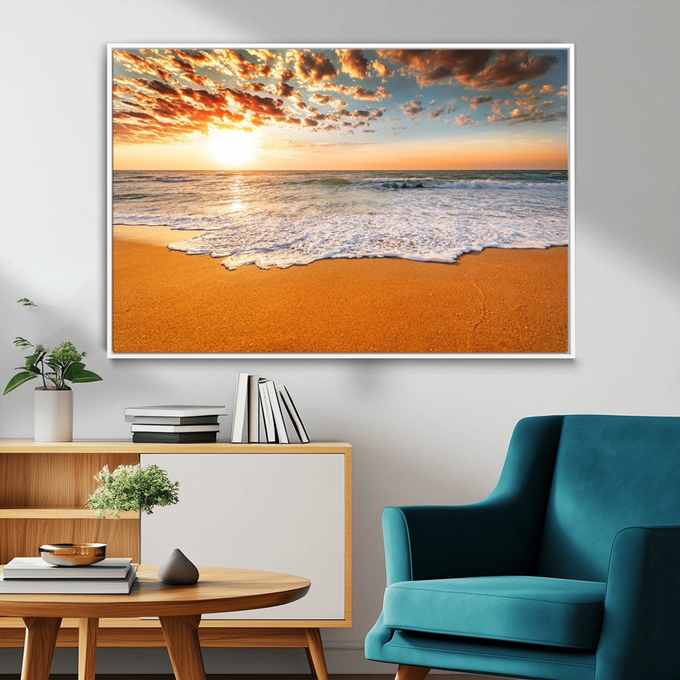 15399-MGV-CV-36X24-Golden Sunrise Beach Wall Art – Ocean Waves on Sandy Shore Canvas Print, Coastal Seascape Decor for Living Room or Bedroom