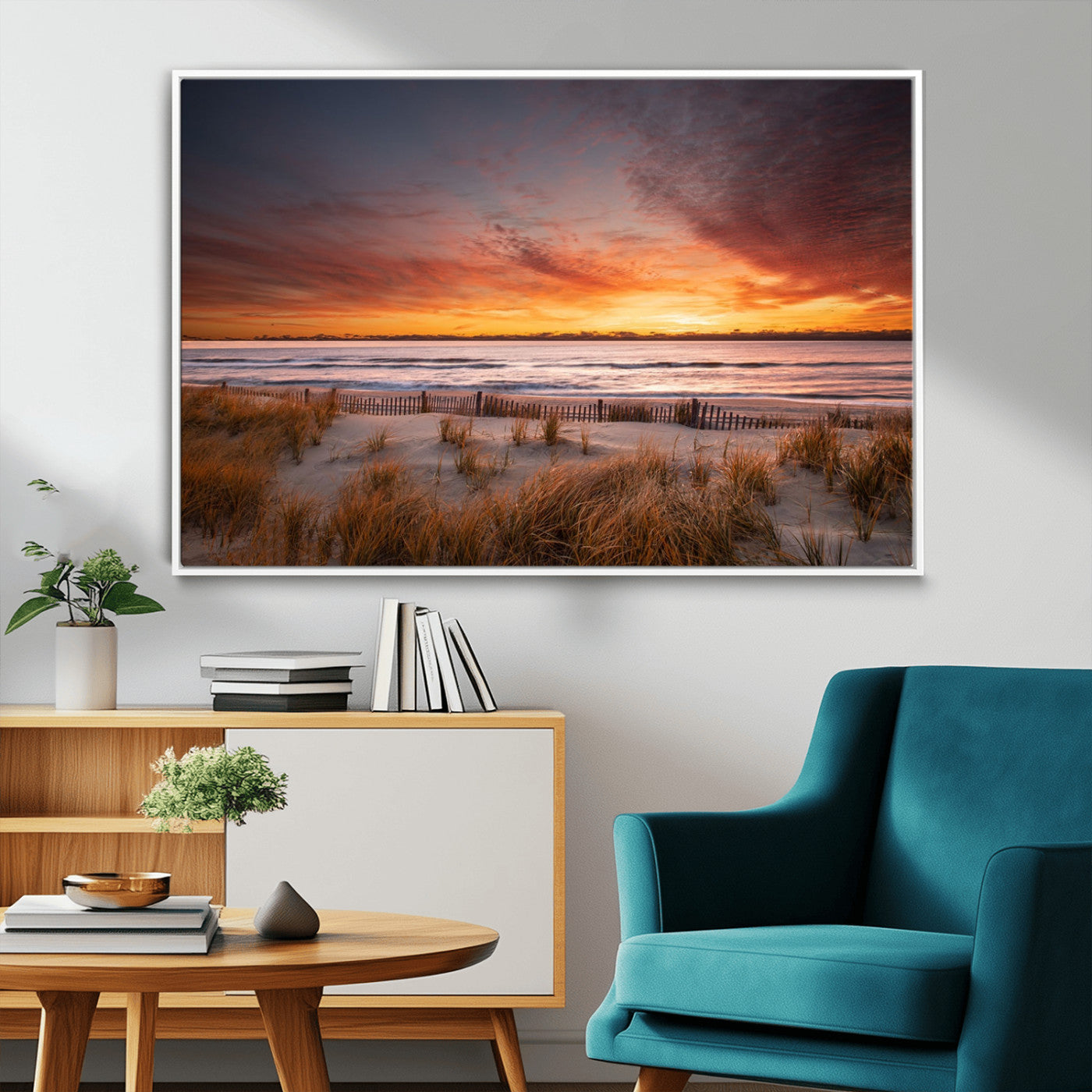 90176-MGV-CV-36X24-Beach Sunset Wall Art – Coastal Sand Dune Canvas Print with Ocean Waves and Dramatic Sky, Seaside Landscape Decor for Living Room