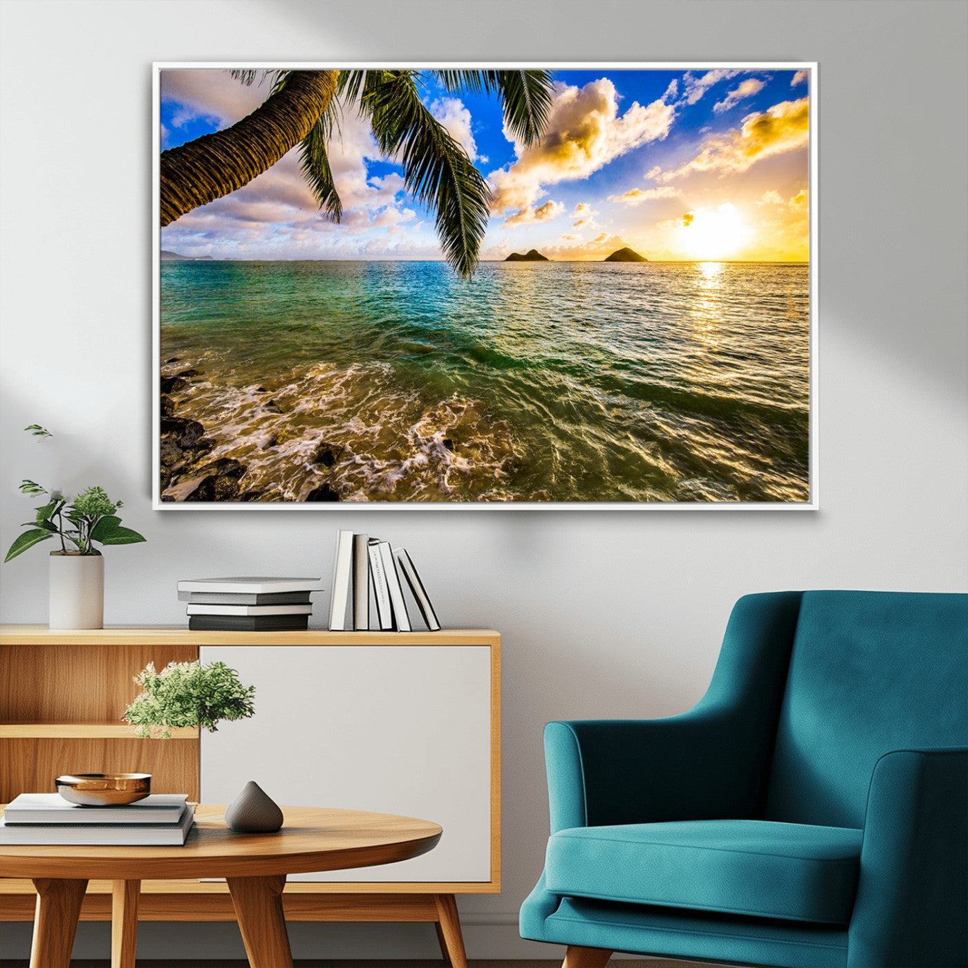 68606-MGV-FC-36X24_White-Tropical Palm Tree Ocean Wall Art – Sunset Beach Seascape Print, Coastal Paradise Decor for Living Room or Office