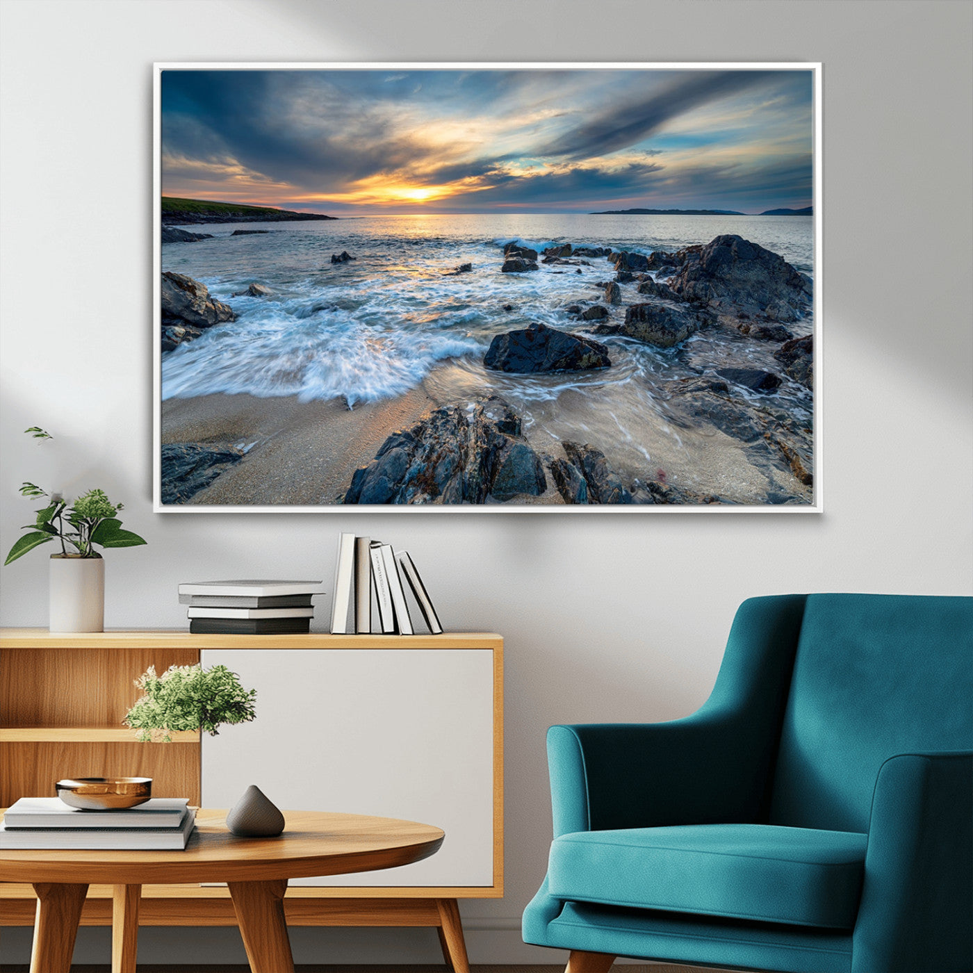 17902-MGV-CV-36X24-Rocky Shore Ocean Sunset Wall Art – Coastal Seascape Canvas Print, Nature Beach Decor for Living Room or Office