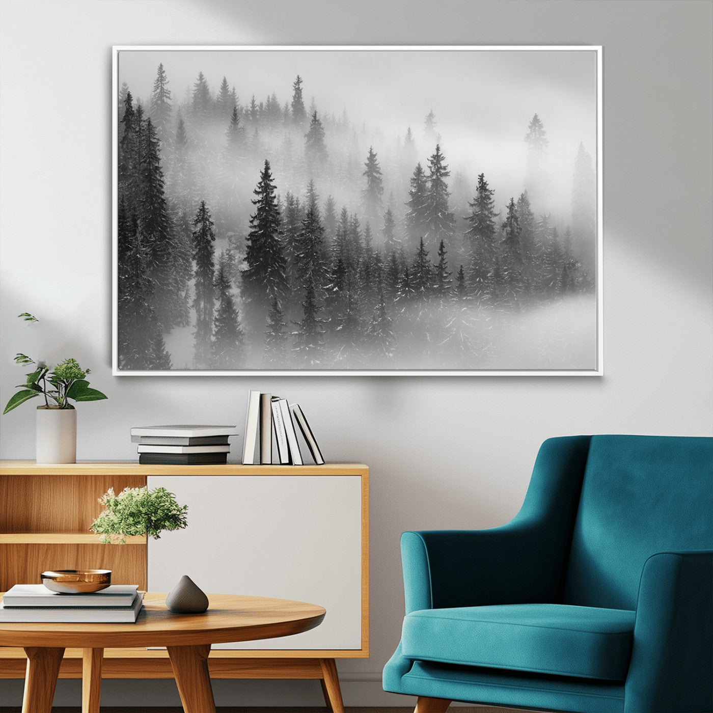 57235-MGV-CV-36X24-Misty Pine Forest Wall Art – Black and White Mountain Landscape Canvas Print, Nature Woodland Decor for Living Room, Bedroom or
