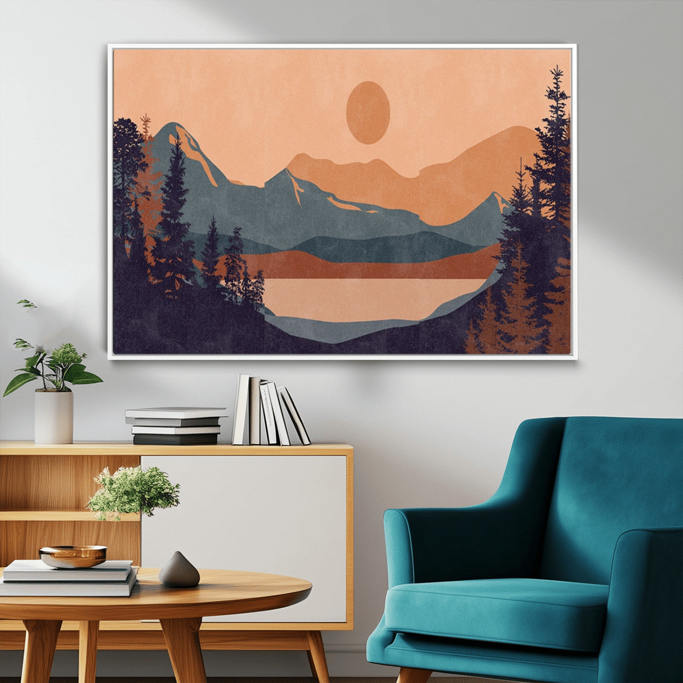 62795-MGV-CV-36X24-Minimalist Mountain Landscape Wall Art – Abstract Sunset Over Peaks and Pine Trees Canvas Print, Modern Nature Decor for Living