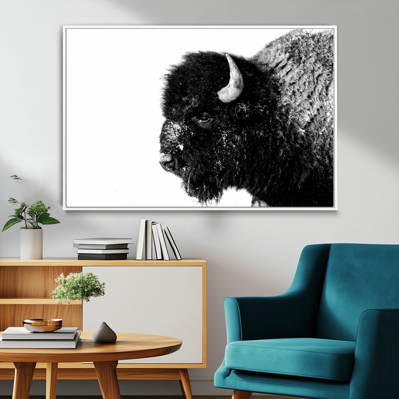 68780-MGV-FC-36X24_White-Bison Close-Up Wall Art – Black and White Buffalo Canvas Print, Rustic Wildlife Photography Decor for Living Room, Office, or