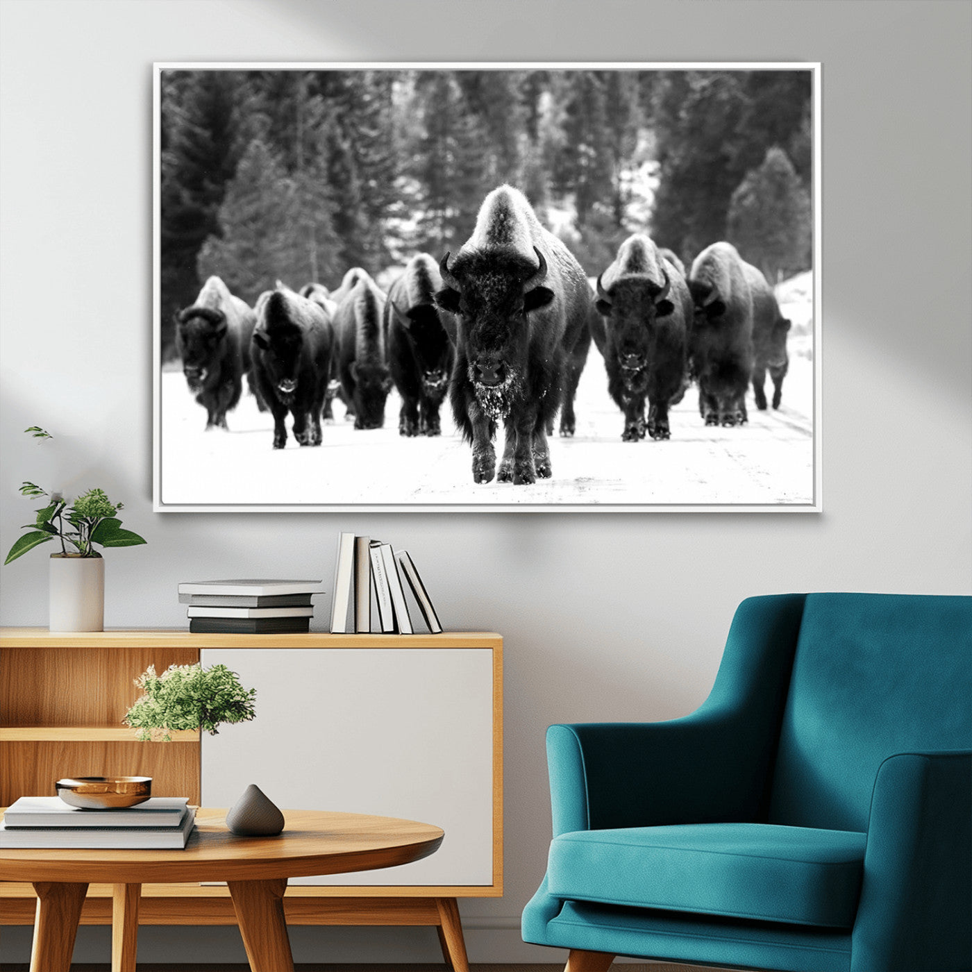 62434-MGV-FC-36X24_White-Bison Herd Wall Art – Majestic Black and White Buffalo Canvas Print, Wildlife Nature Photography Decor for Living Room, Office or