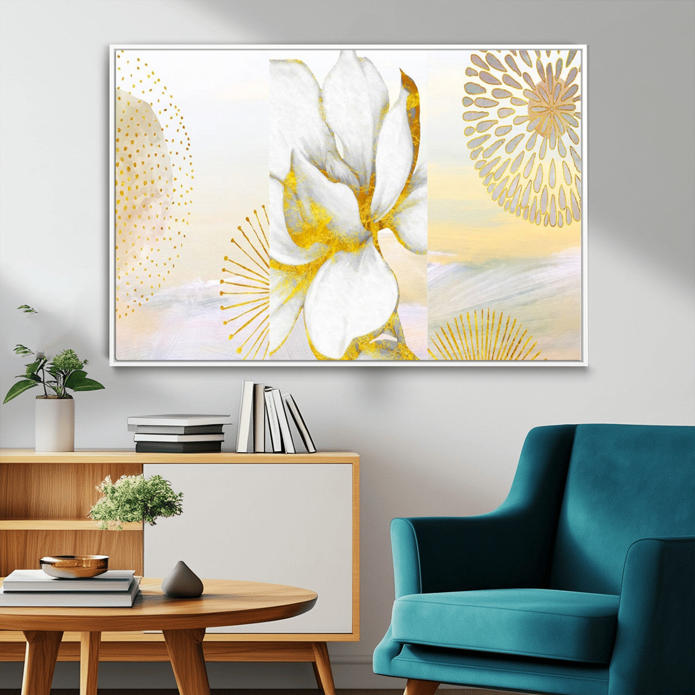 82301-MGV-CV-36X24-Modern Floral Wall Art – White Flower with Gold Detailing Canvas Print, Elegant Abstract Artwork for Living Room, Bedroom, or