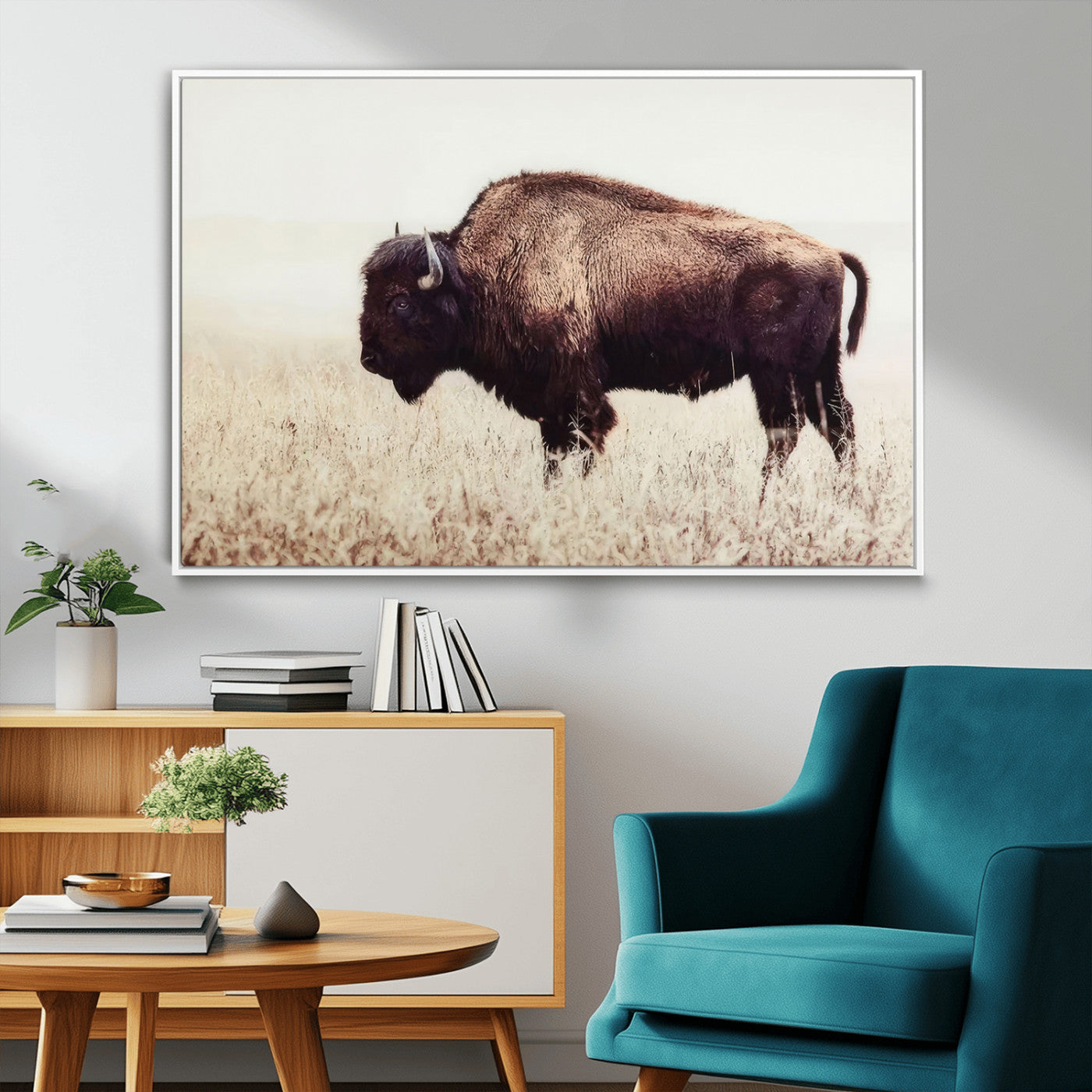 48406-MGV-CV-36X24-American Bison Wall Art – Rustic Buffalo Canvas Print in Prairie Field, Western Wildlife Photography Decor for Cabin, Lodge,