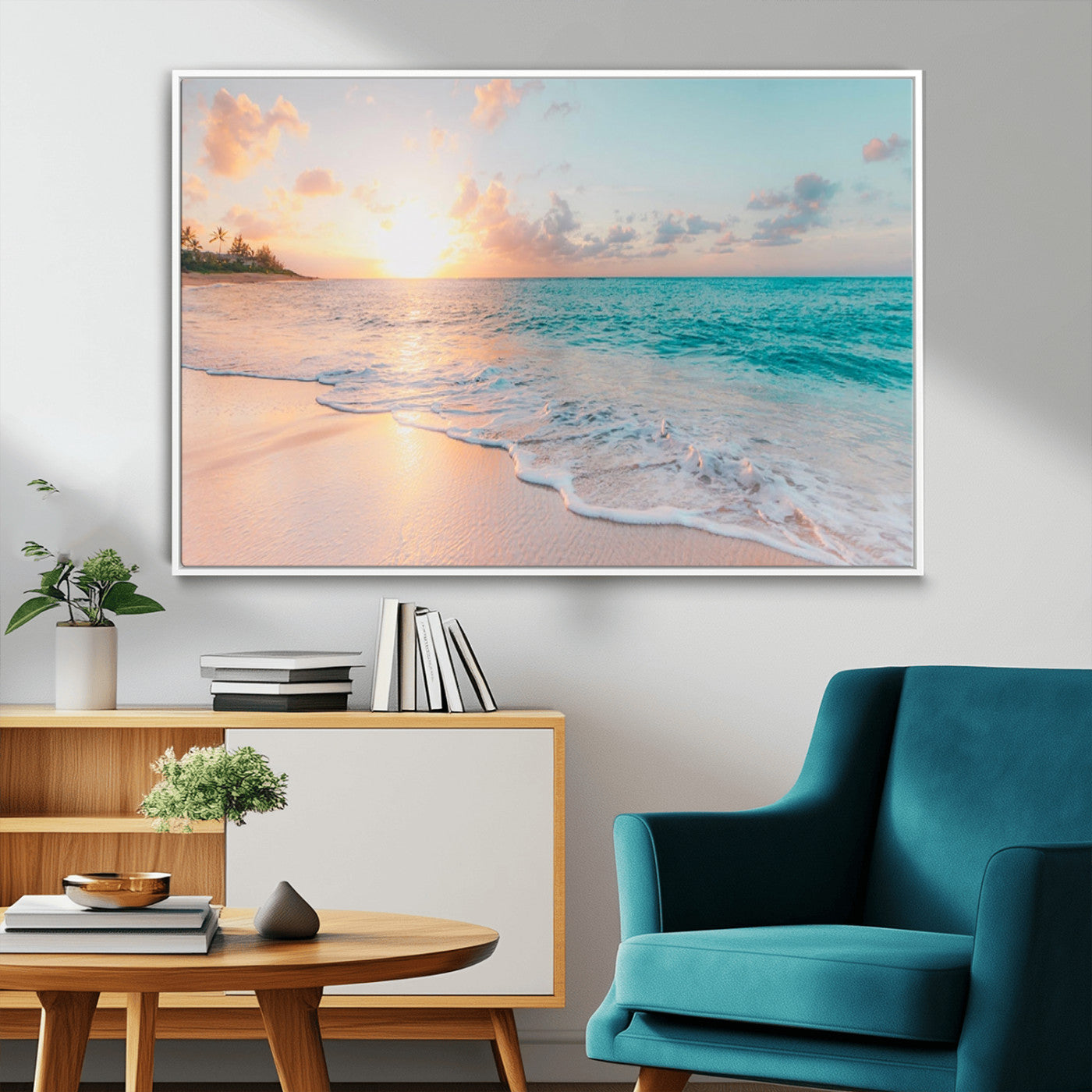 36554-MGV-CV-36X24-Tropical Beach Sunset Wall Art – Ocean Waves and Palm Canvas Print, Coastal Seascape Photography Decor for Living Room, Bedroom,