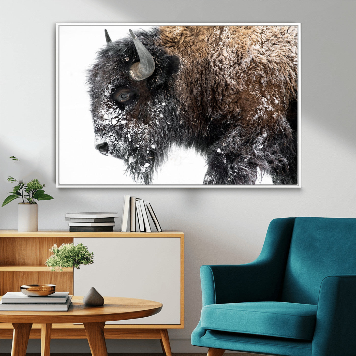 24304-MGV-CV-36X24-Bison Wall Art Canvas Print, Framed Winter Bison Art Picture Print, Snowy Buffalo Perfect Rustic Farmhouse Decor Artwork