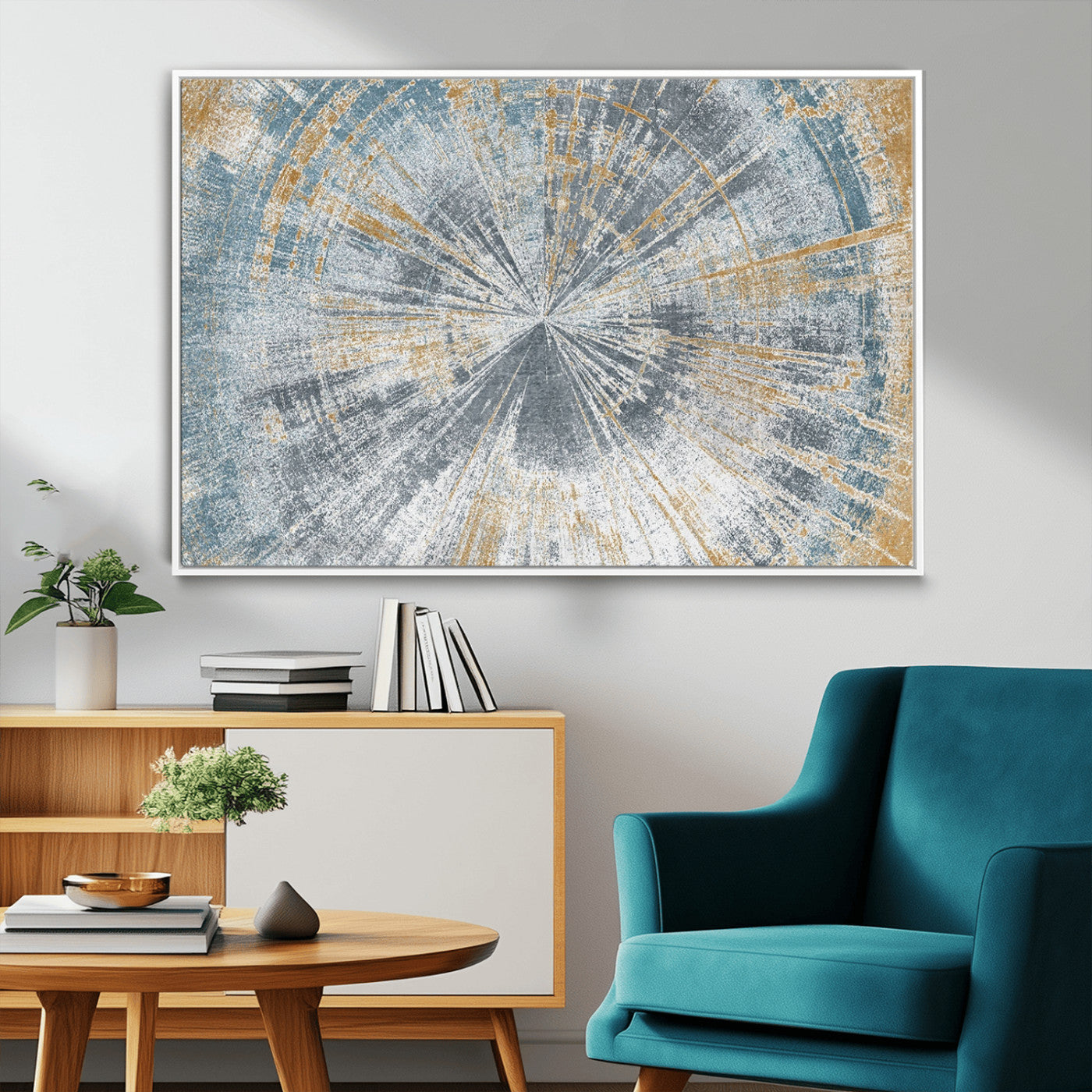 17631-MGV-CV-36X24-Radiant Burst Wall Art – Abstract Sunburst Canvas Print in Blue and Gold, Modern Geometric Painting for Living Room, Office or