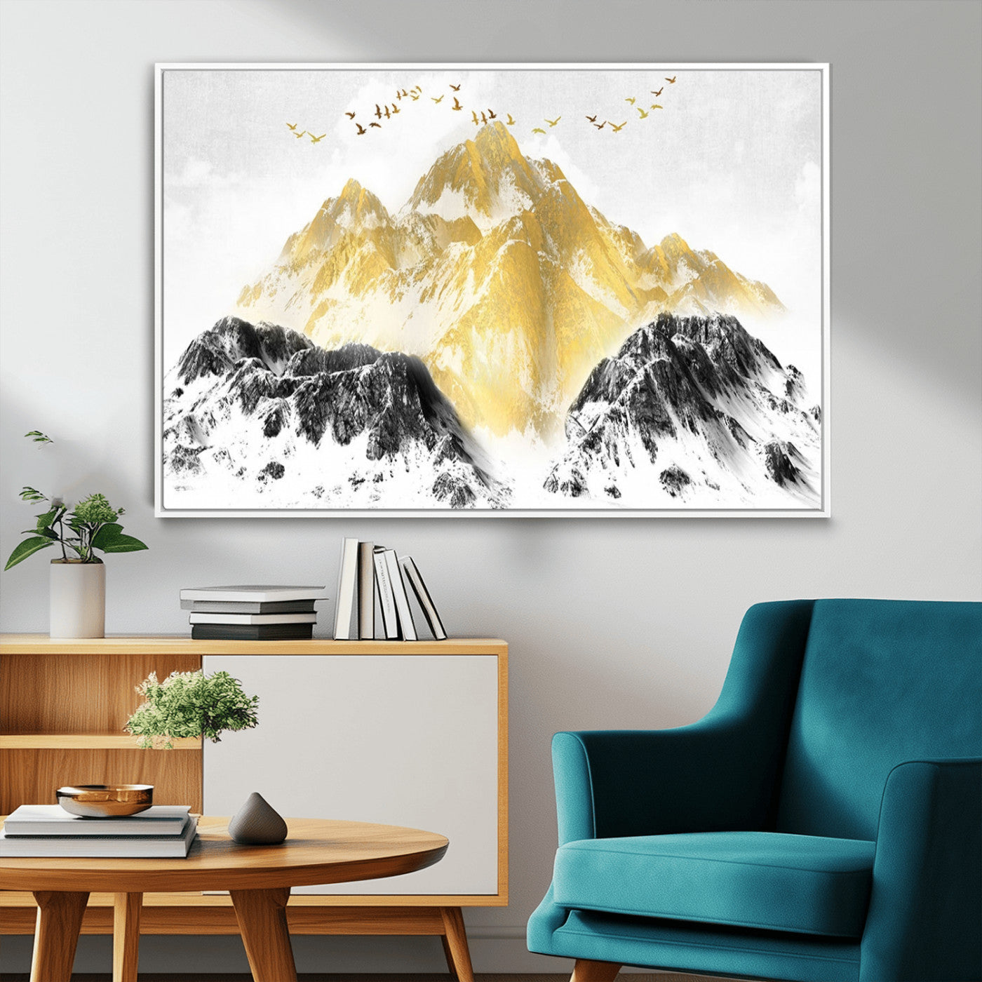 37733-MGV-CV-36X24-Golden Mountain Wall Art – Modern Abstract Landscape Canvas Print with Birds, Luxury Nature Decor for Living Room, Bedroom, or