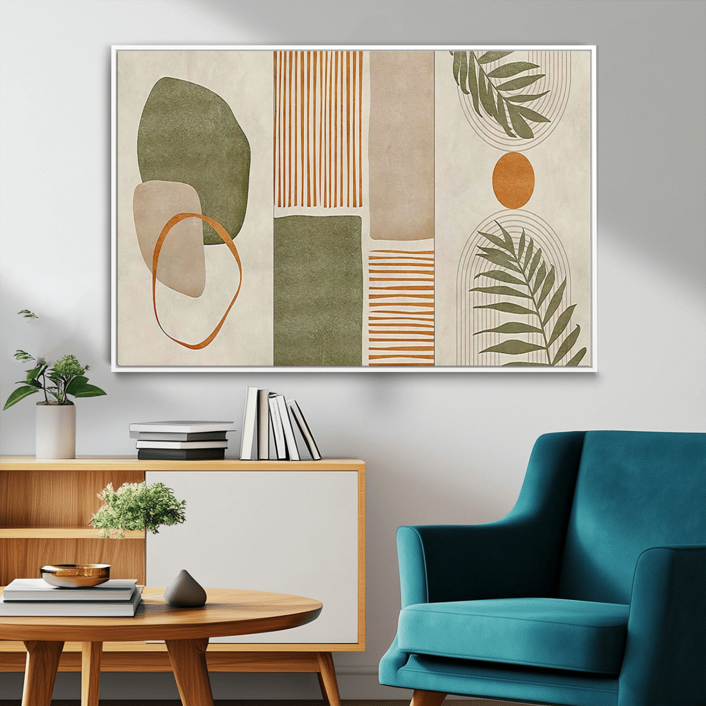 96002-MGV-FC-36X24_White-Abstract Geometric Wall Art – Modern Canvas Print with Green, Orange & Beige Shapes, Minimalist Home Decor for Living Room, Office