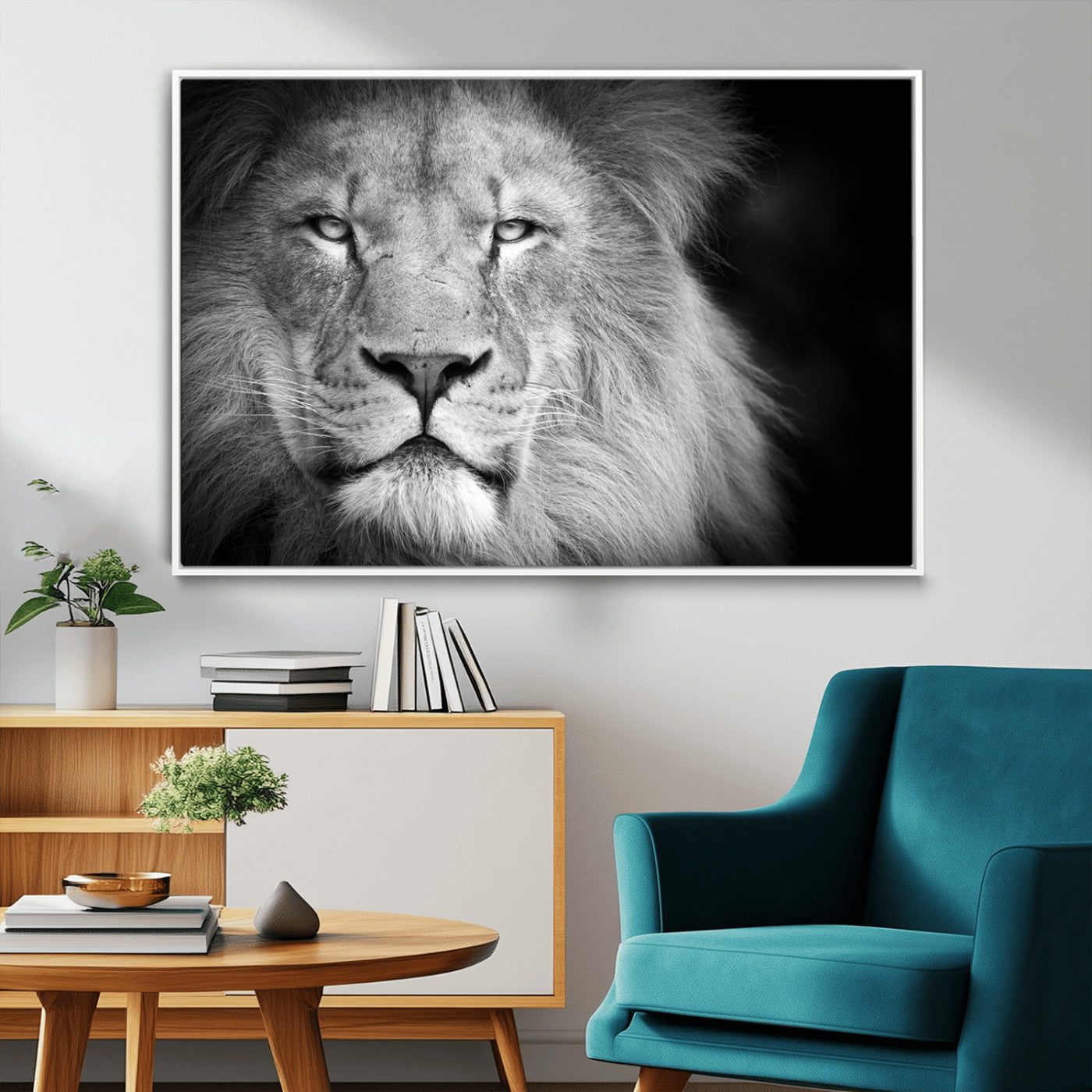 94453-MGV-FC-36X24_White-Lion Portrait Wall Art – Black and White King of the Jungle Canvas Print, Safari Wildlife Decor for Office, Bedroom, or Living