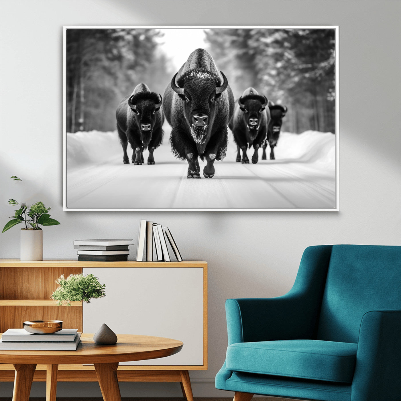 45287-MGV-FC-36X24_White-Bison Herd Wall Art – Black and White Buffalo Snow Road Canvas Print, Rustic Wildlife Decor for Cabin, Lodge or Living Room