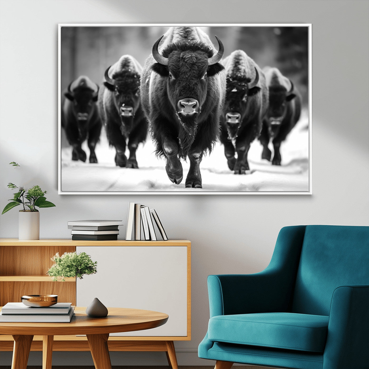 79872-MGV-CV-36X24-Bison Herd Wall Art – Black and White Buffalo on Snow Canvas Print, Rustic Wildlife Decor for Lodge, Cabin, or Living Room