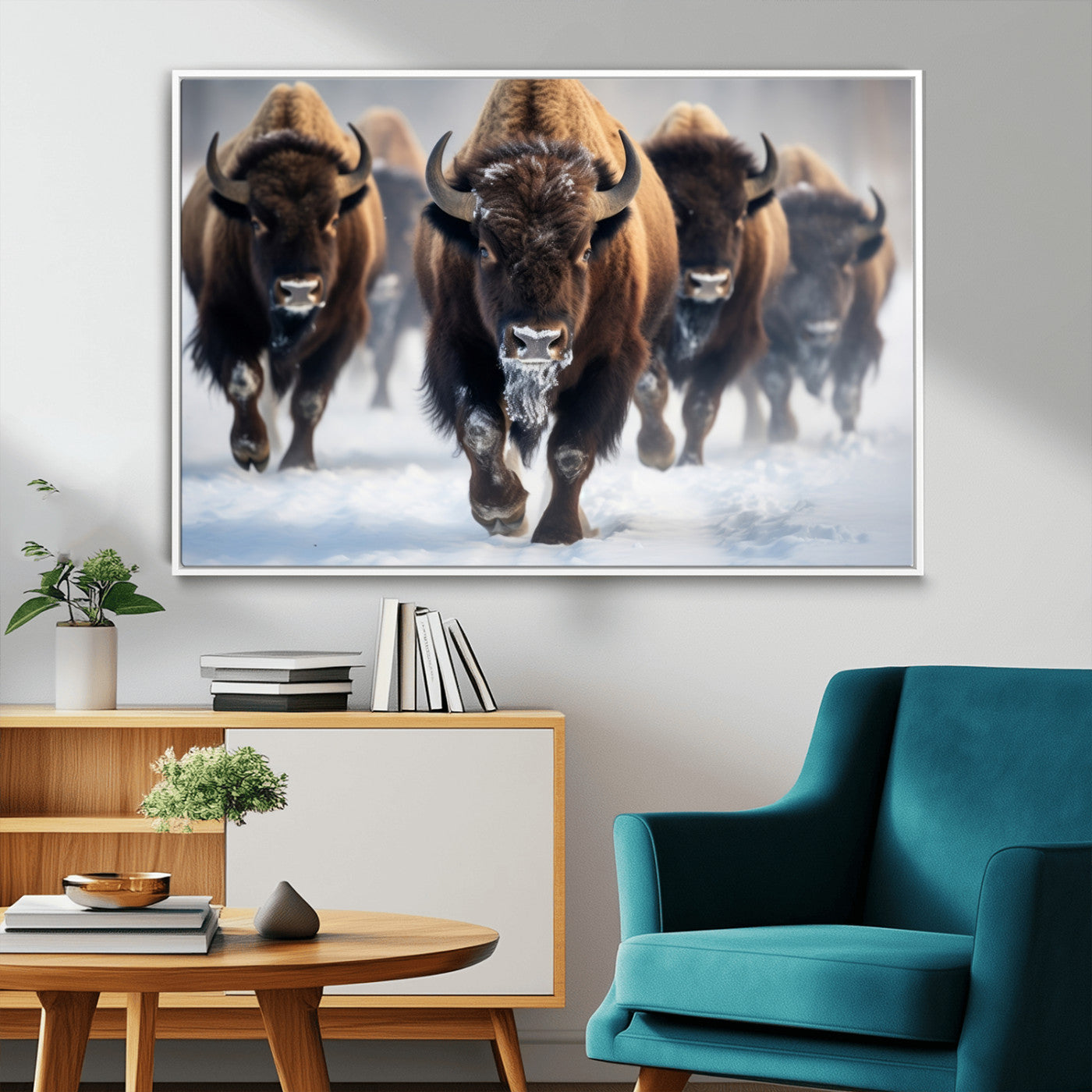 80512-MGV-CV-36X24-Bison Herd Wall Art – Buffalo Running in Snow Canvas Print, Rustic Wildlife Photography Decor for Cabin, Lodge, or Living Room