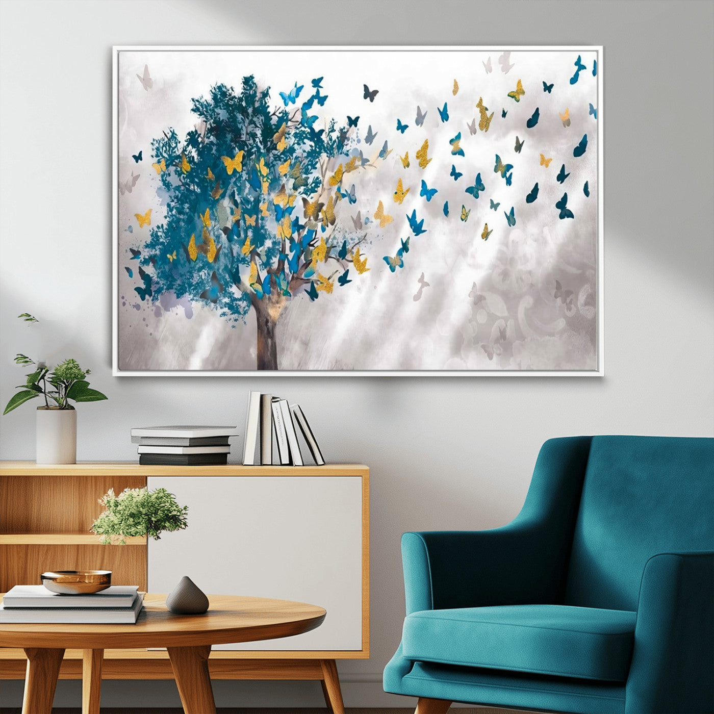 37564-MGV-FC-36X24_White-Butterfly Tree Wall Art – Modern Nature Canvas Print with Blue and Golden Butterflies, Elegant Decorative Painting for Living Room