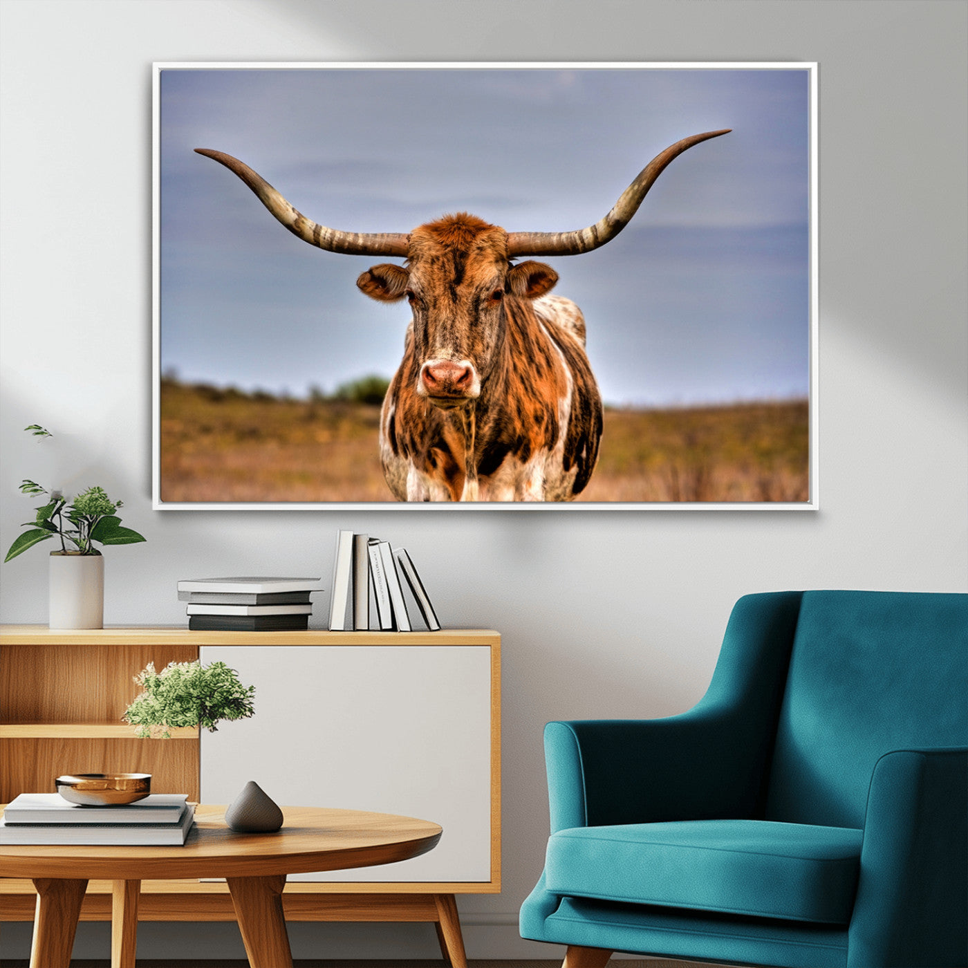 18594-MGV-FC-36X24_White-Texas Longhorn Bull Wall Art – Rustic Western Cattle Canvas Print, Country Farmhouse Decor for Living Room, Office or Cabin
