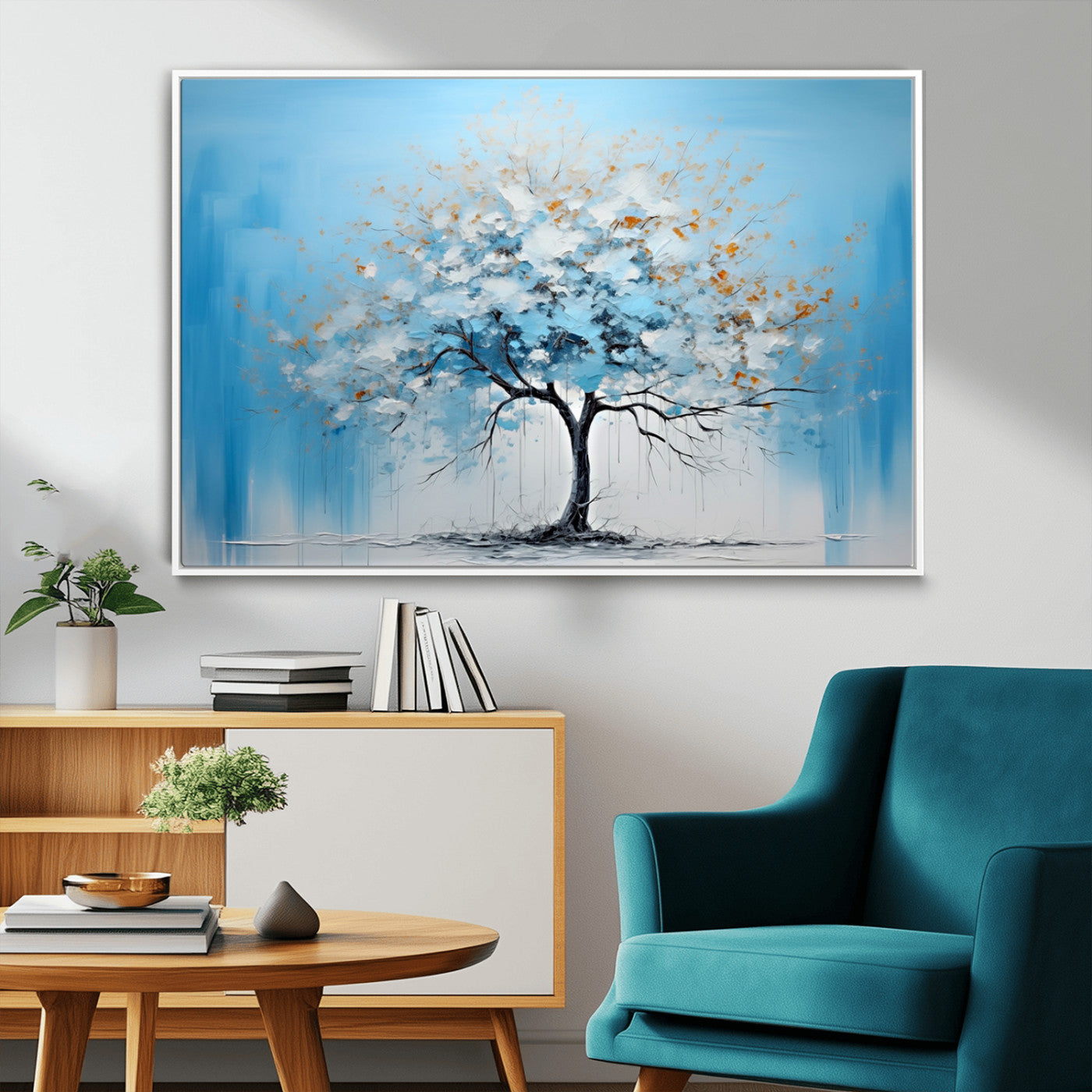 25021-MGV-FC-36X24_White-Abstract Tree Wall Art – Blue and White Canvas Painting with Gold Accents, Modern Nature-Inspired Artwork for Living Room, Bedroom