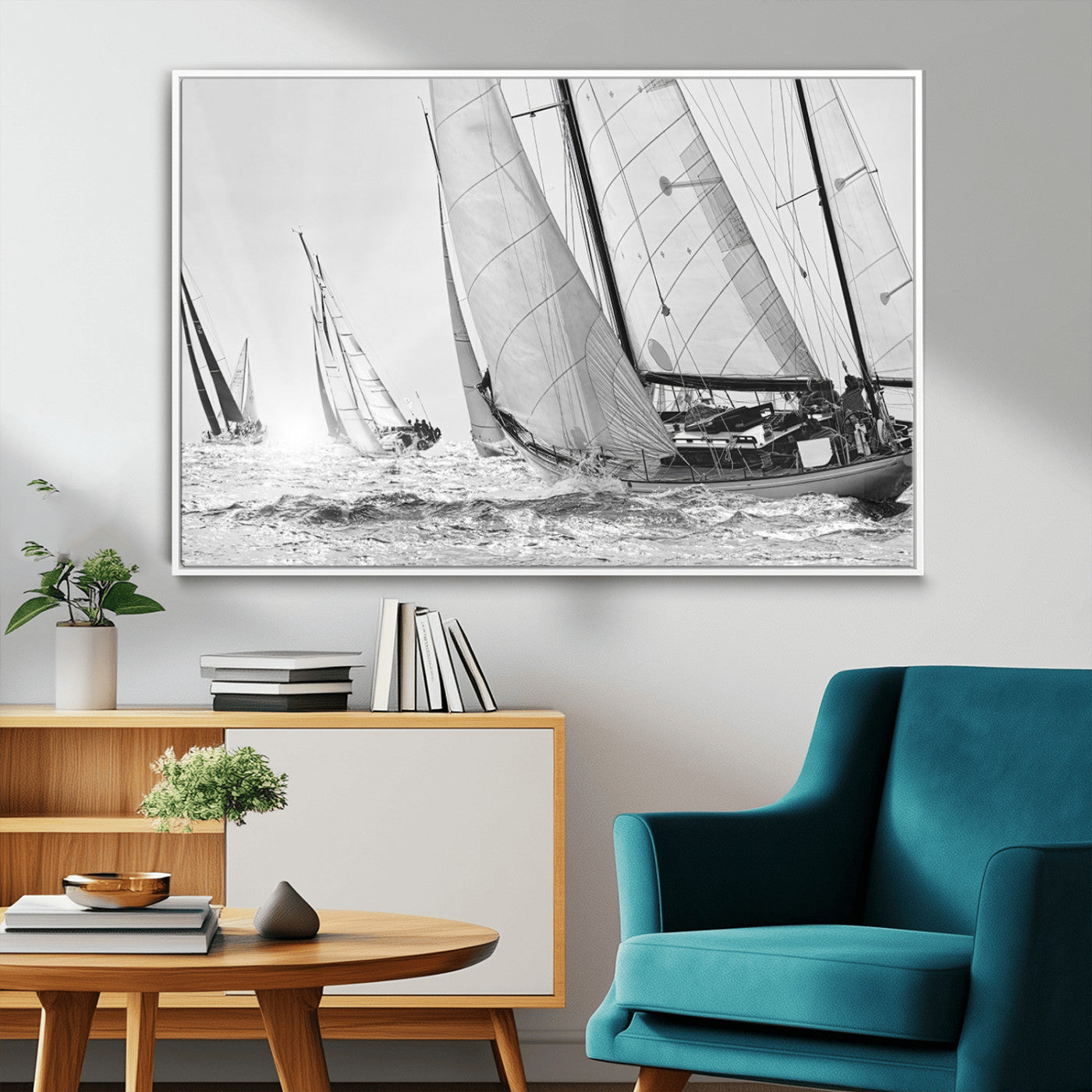 Boat-1-MGV-FC-36X24_White-Sailboat Racing Wall Art – Nautical Black and White Canvas Print, Ocean Adventure Decor for Office, Living Room or Bedroom
