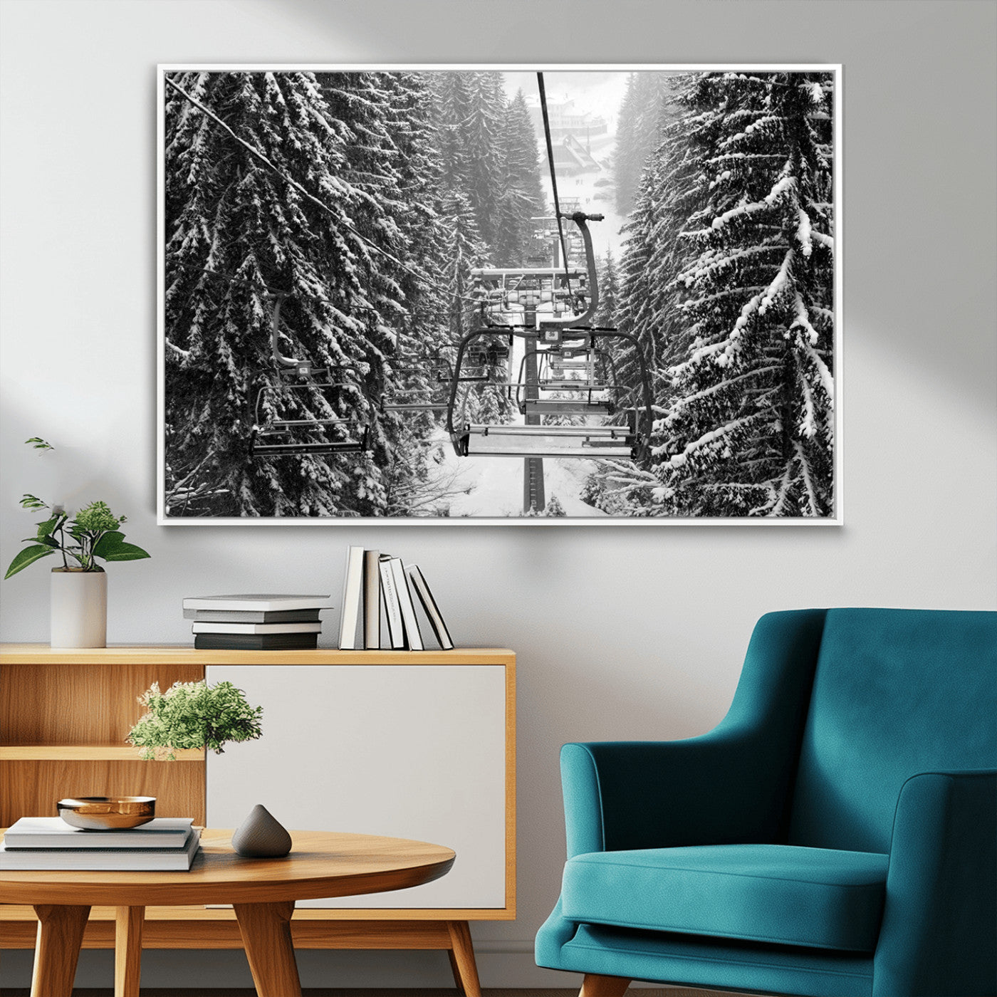 19240-MGV-FC-36X24_White-Ski Lift Wall Art – Black and White Winter Mountain Canvas Print, Snowy Forest Ski Resort Photography for Cabin, Lodge, Office or